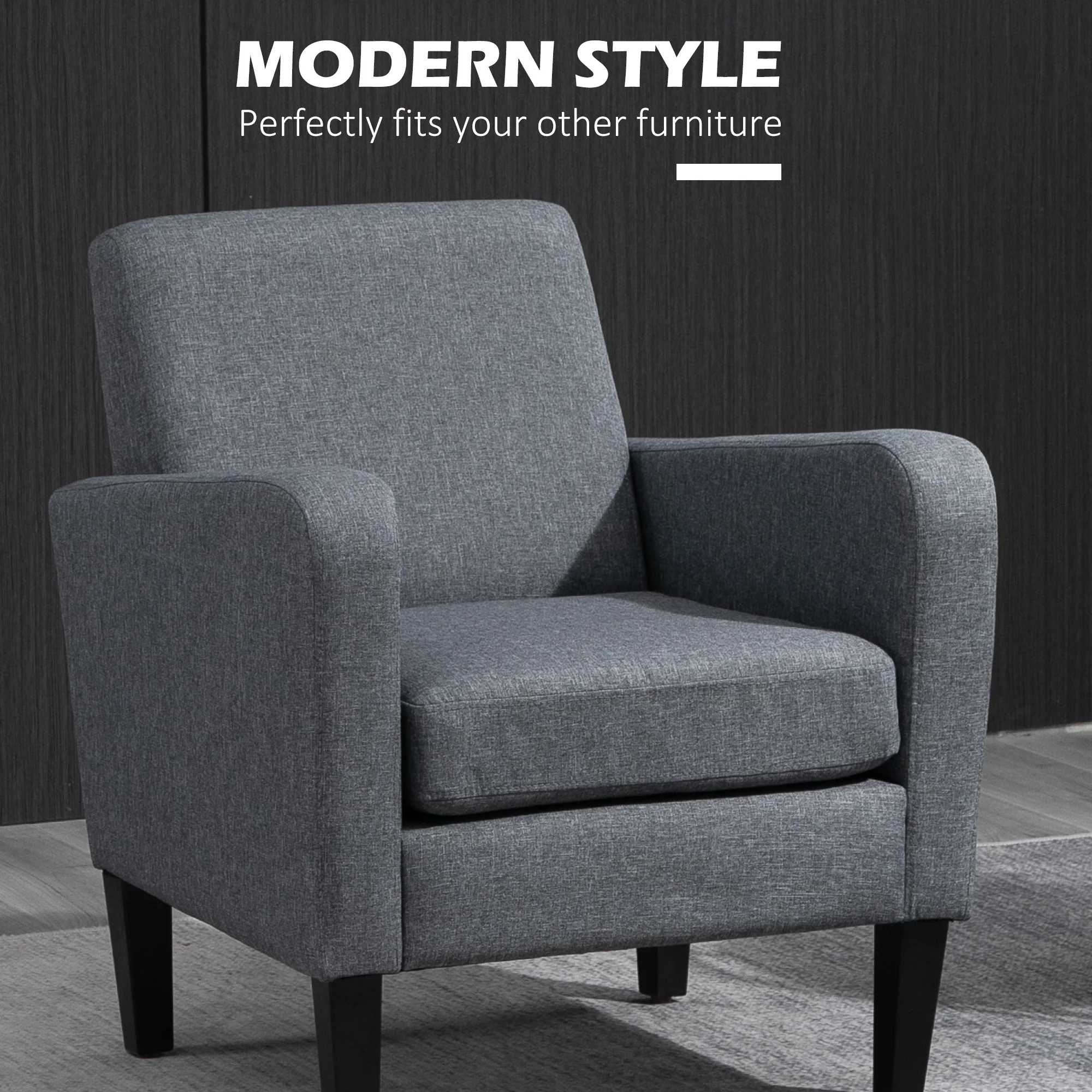 Modern Armchair with Rubber Wood Legs,  Linen Single Sofa Accent Chair, Grey - Image 6
