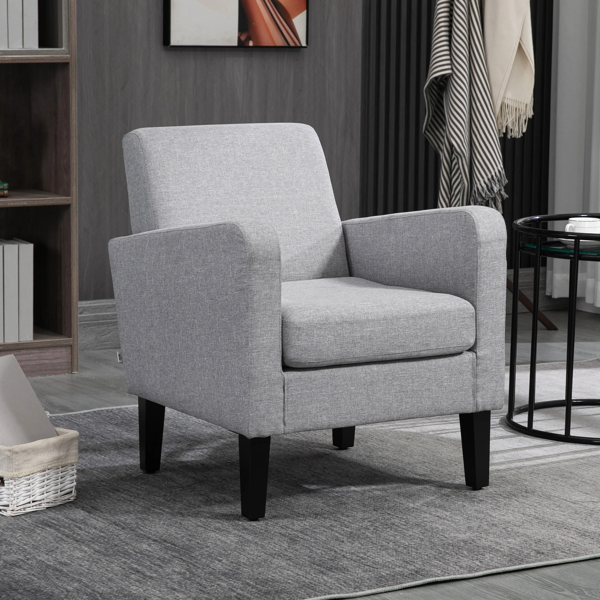 Modern Armchair with Rubber Wood Legs, Linen Single Sofa Accent Chair, Light Grey - Image 3