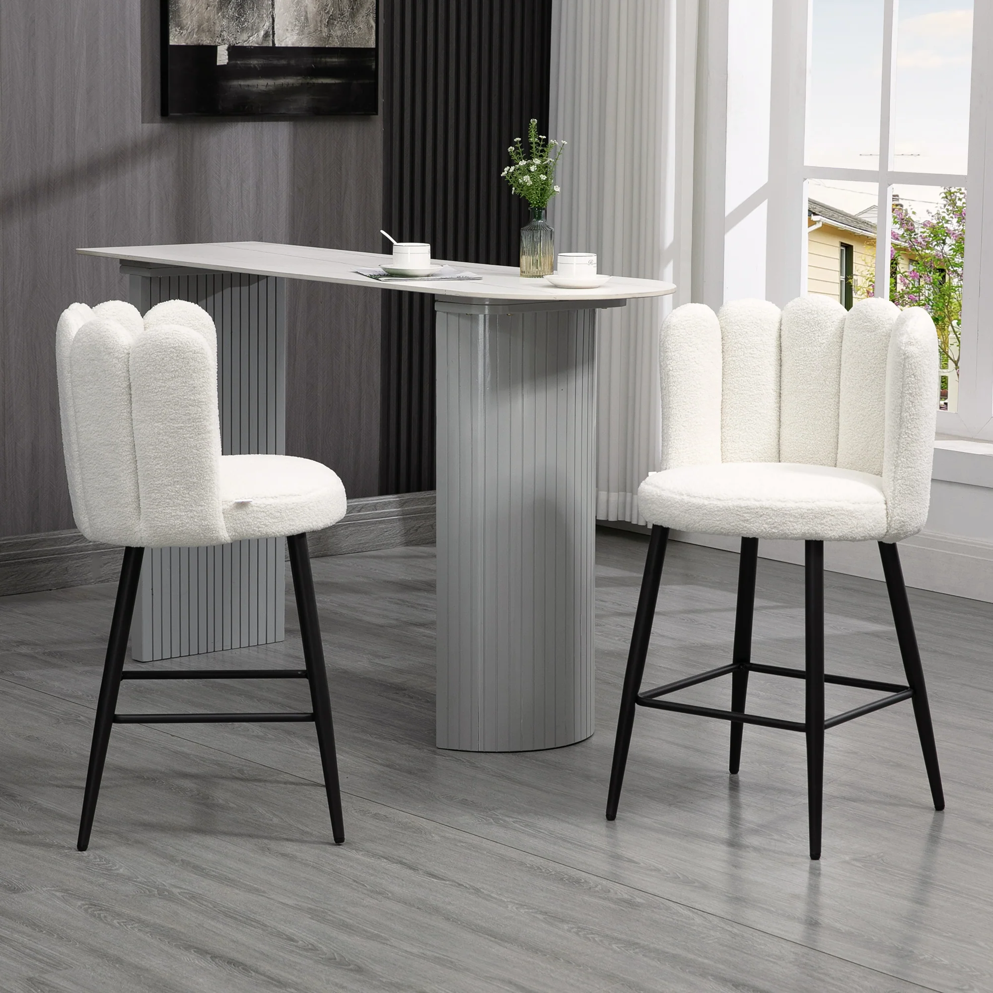 Set of 2 Upholstered Bar Stools with Footrest, Cream White - Image 3