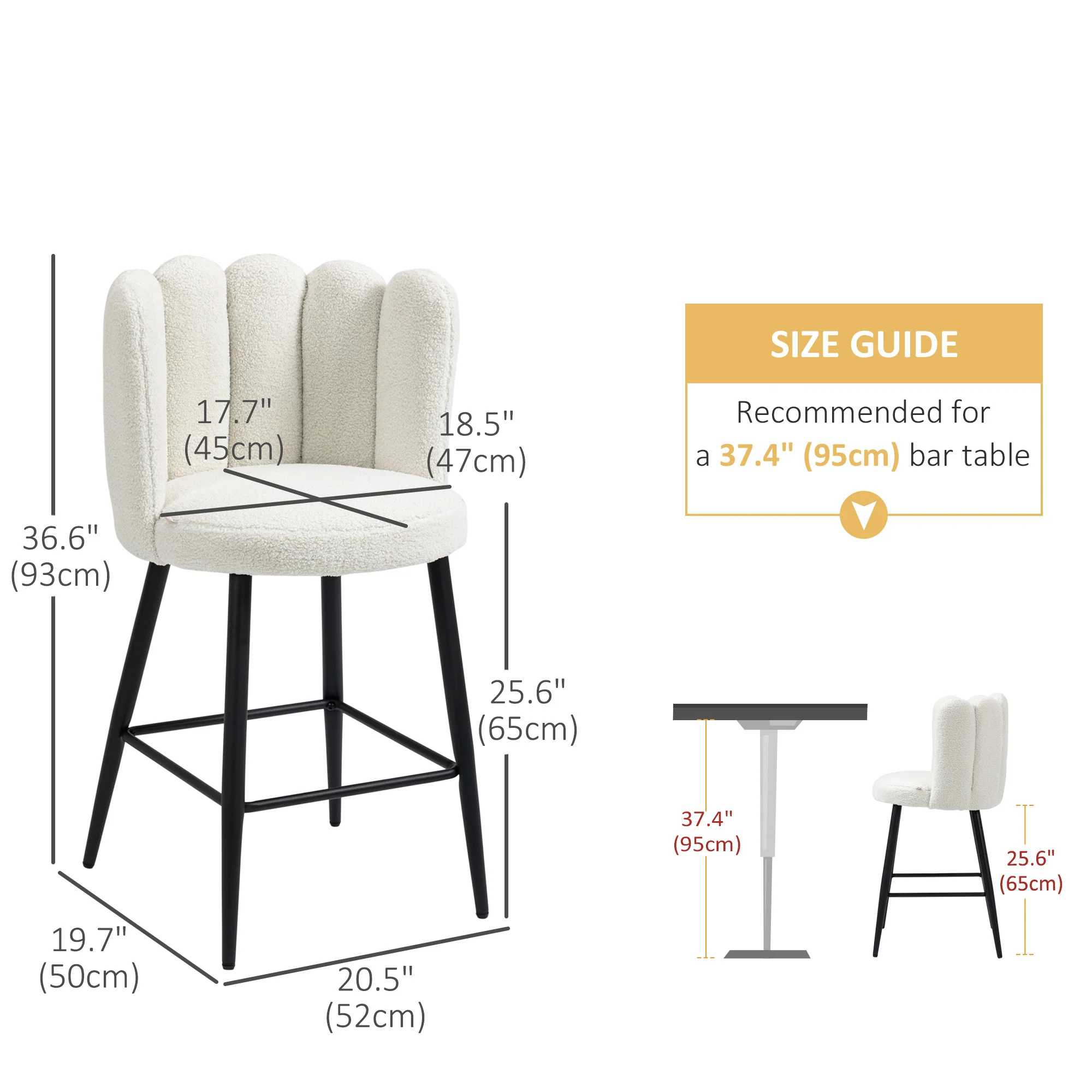 Set of 2 Upholstered Bar Stools with Footrest, Cream White - Image 5