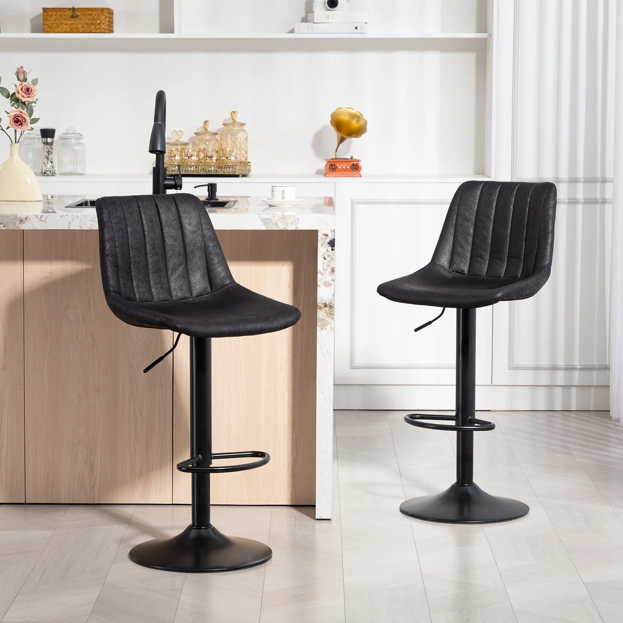 Modern Bar Stools Set of 2, Height Adjustable Swivel Bar Chairs with Backrest for Breakfast Counter, Kitchen Island, Black - Image 4