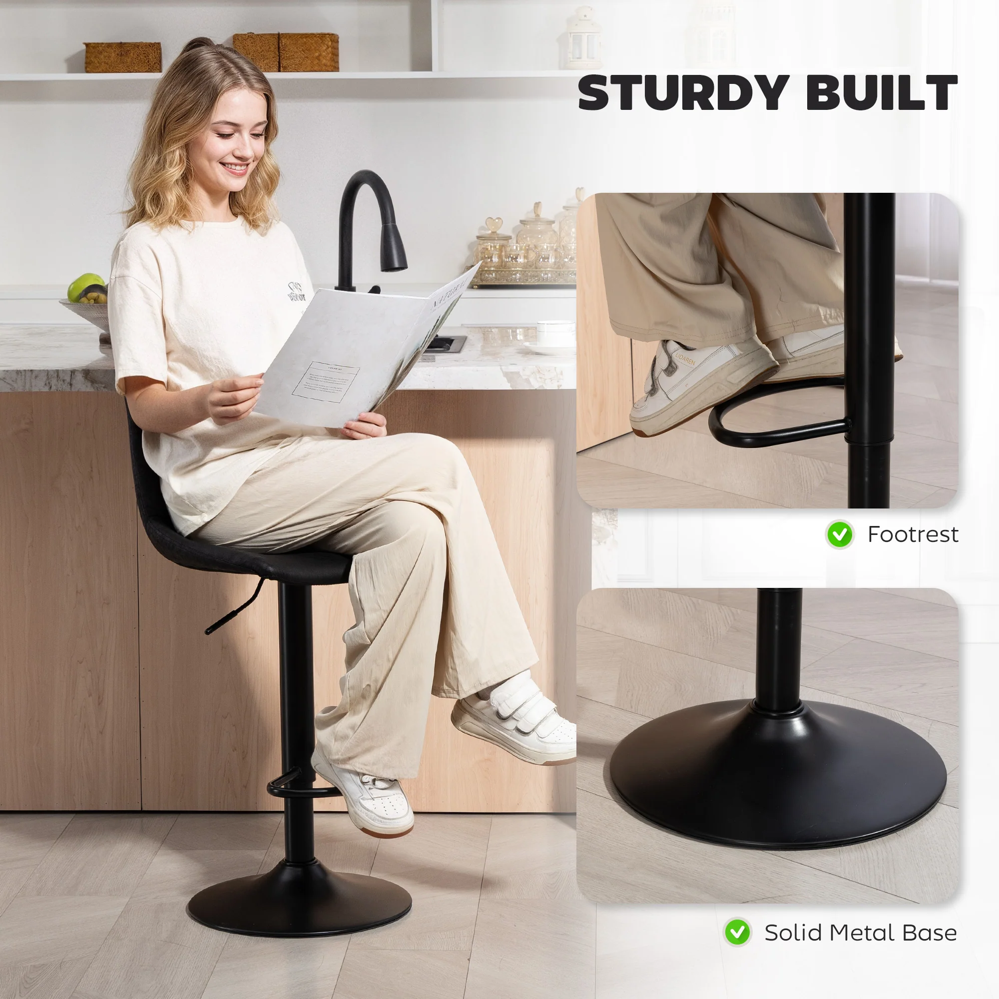 Modern Bar Stools Set of 2, Height Adjustable Swivel Bar Chairs with Backrest for Breakfast Counter, Kitchen Island, Black - Image 8