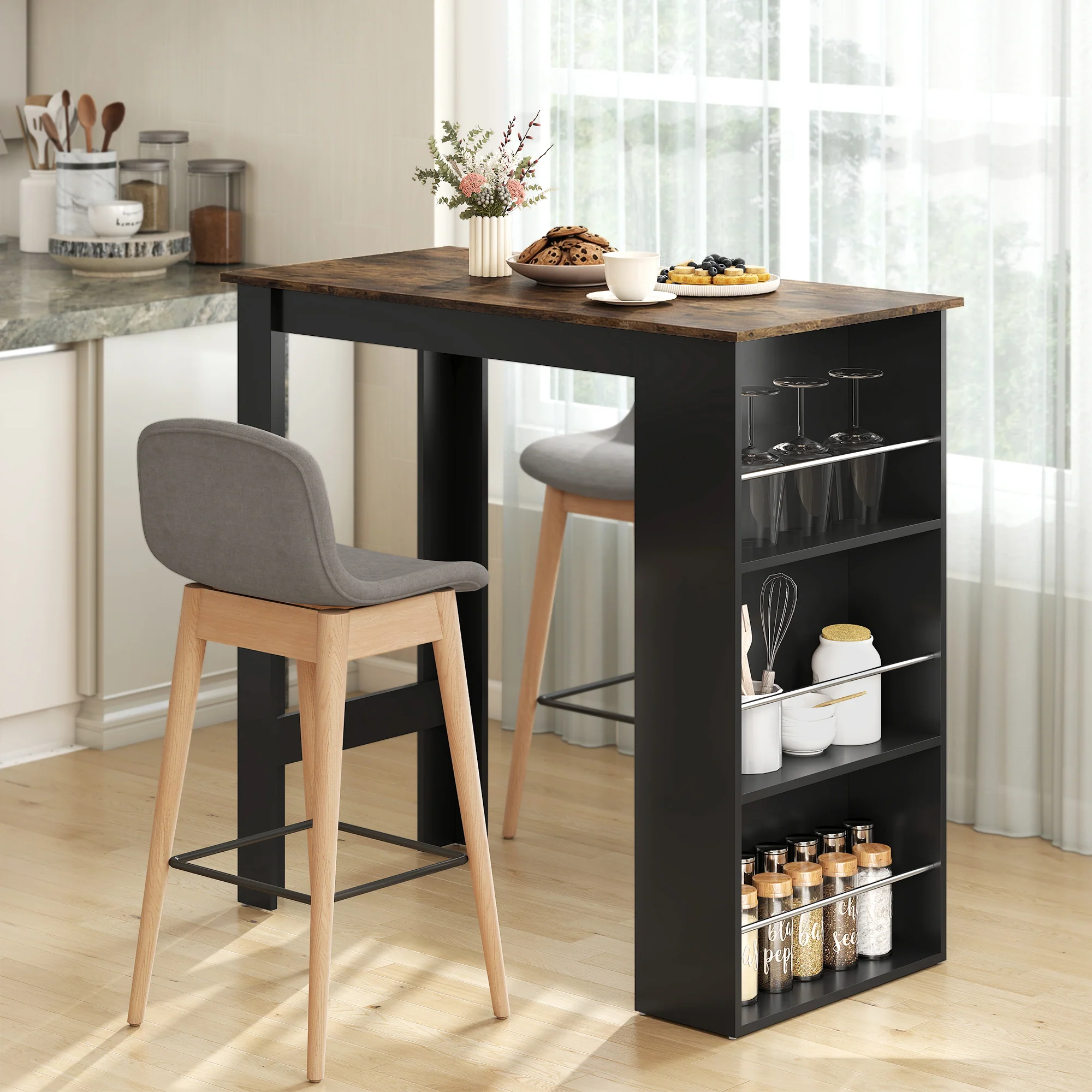 Modern Bar Table, Counter Height Dining Table with 3 Storage Shelves for Kitchen, Dining Room, Living Room, Rustic Brown - Image 3