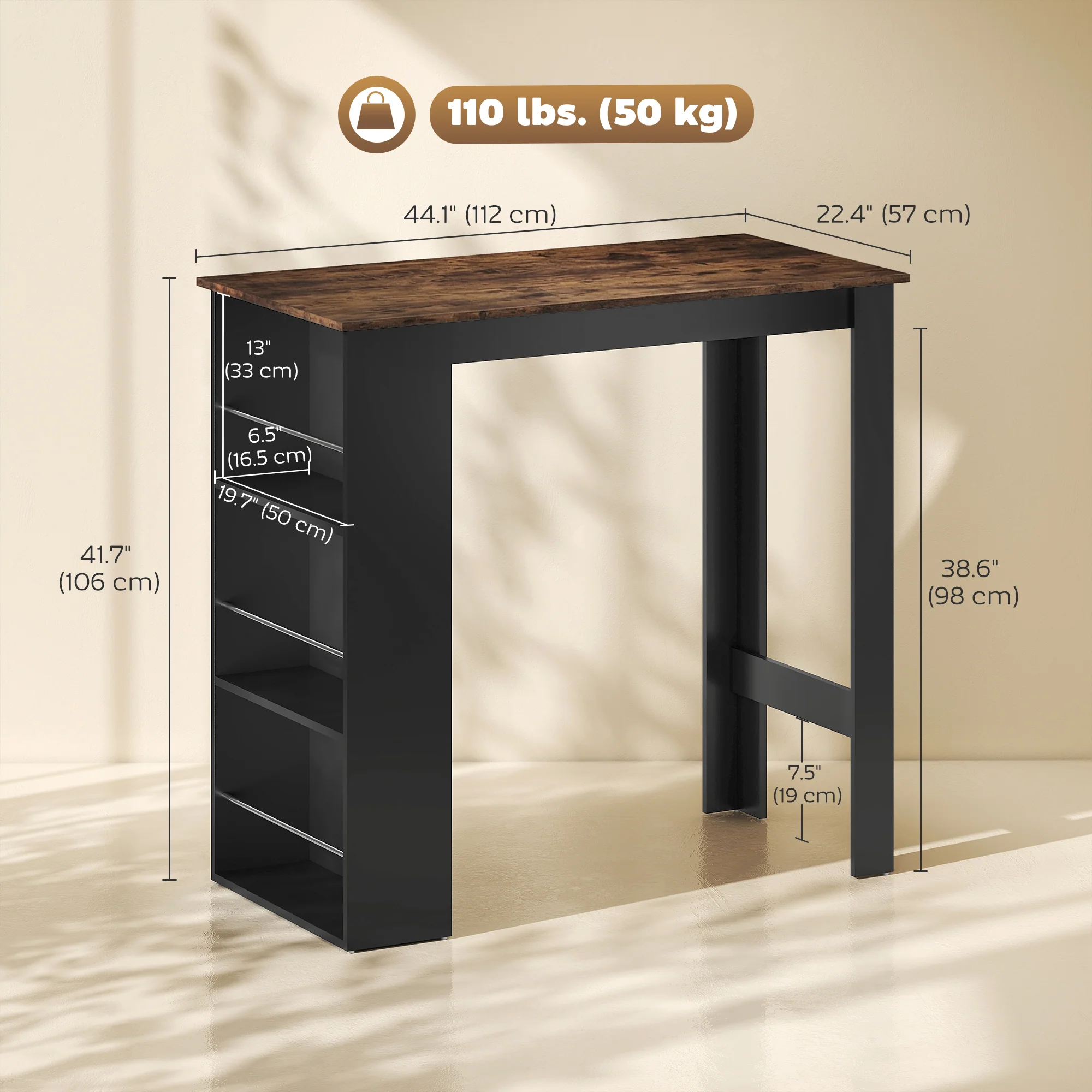 Modern Bar Table, Counter Height Dining Table with 3 Storage Shelves for Kitchen, Dining Room, Living Room, Rustic Brown - Image 5