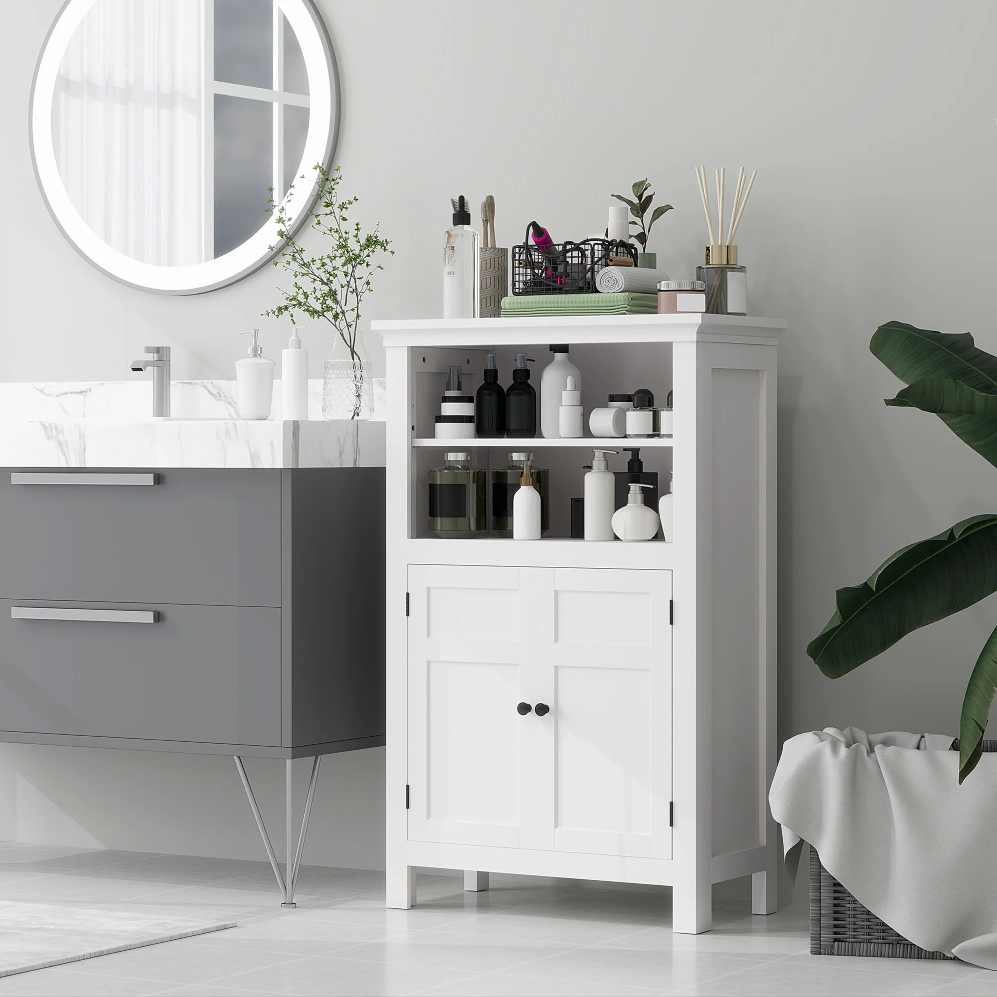 Modern Storage Cabinet, Freestanding Bathroom Cupboard with Adjustable Shelves, White - Image 3