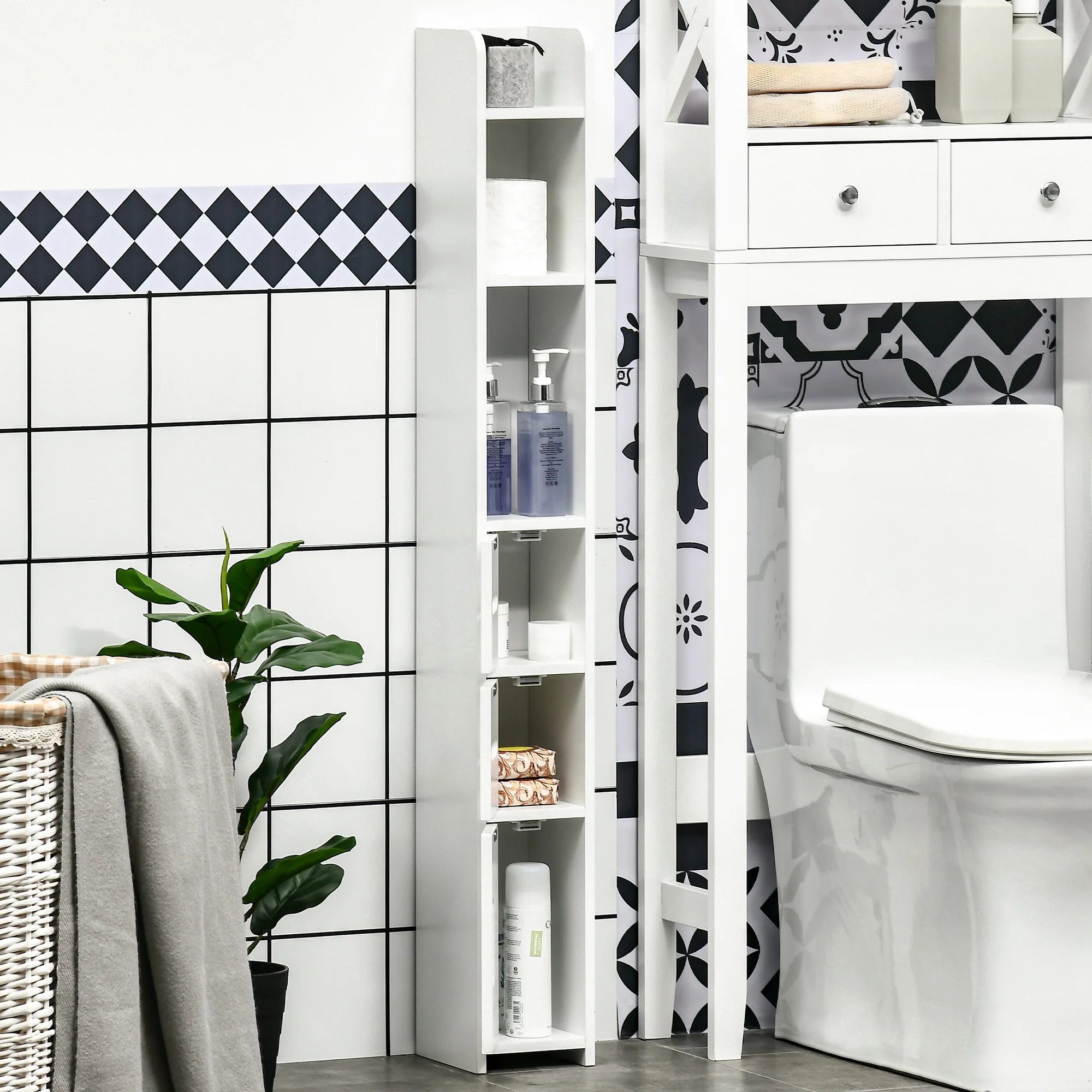 Freestanding Tall Bathroom Cabinet with Open Shelves and 3 Cupboards with Door, White - Image 9