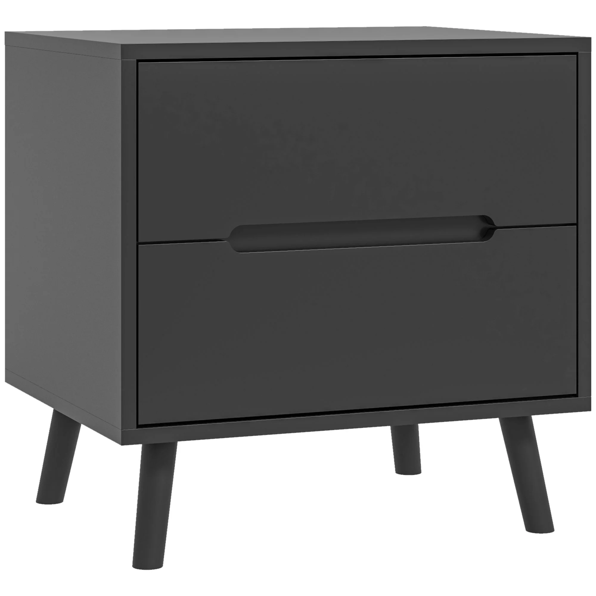 Modern Bedside Table, Nightstand with 2 Drawers, Side End Table with Solid Wood Legs, Black