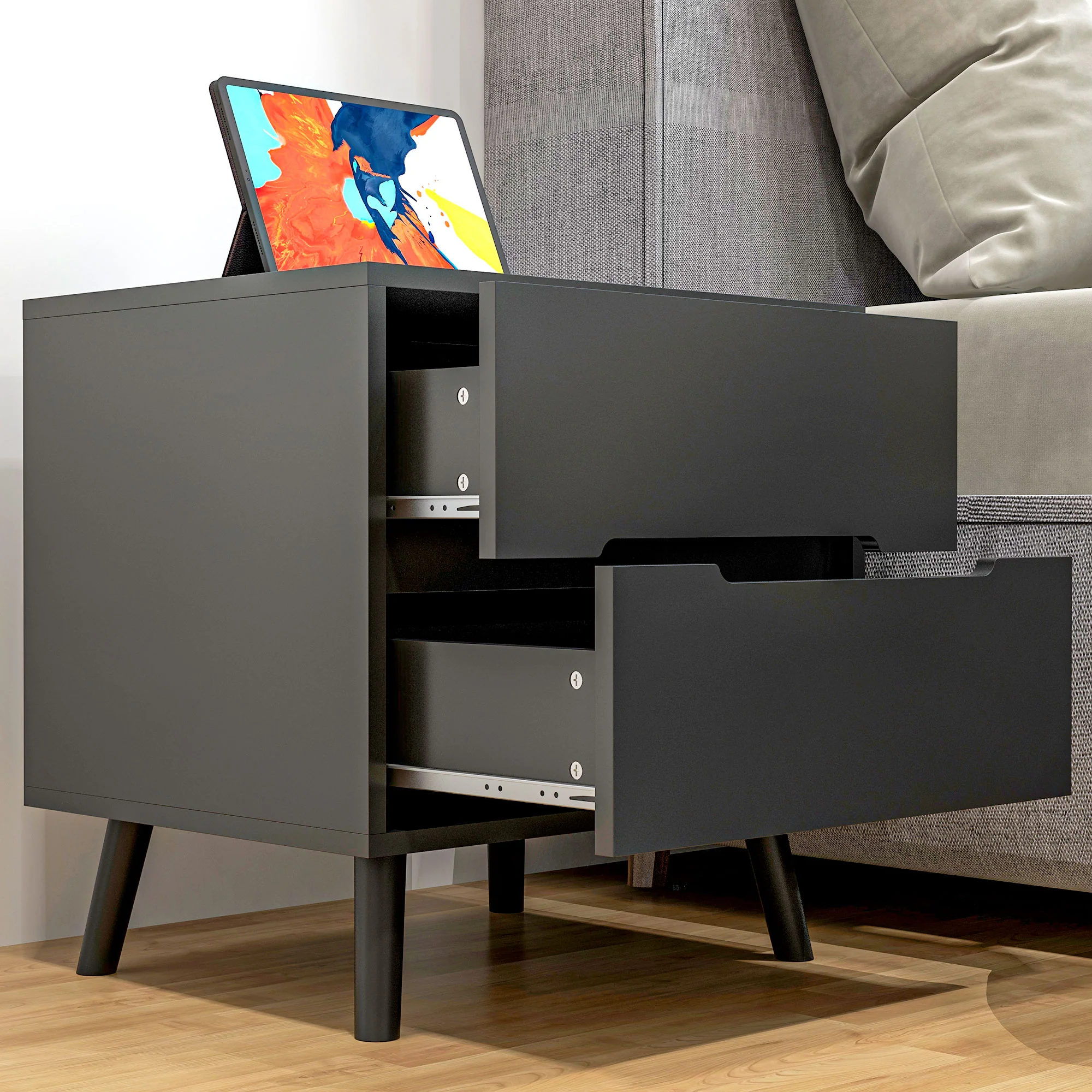 Modern Bedside Table, Nightstand with 2 Drawers, Side End Table with Solid Wood Legs, Black - Image 10
