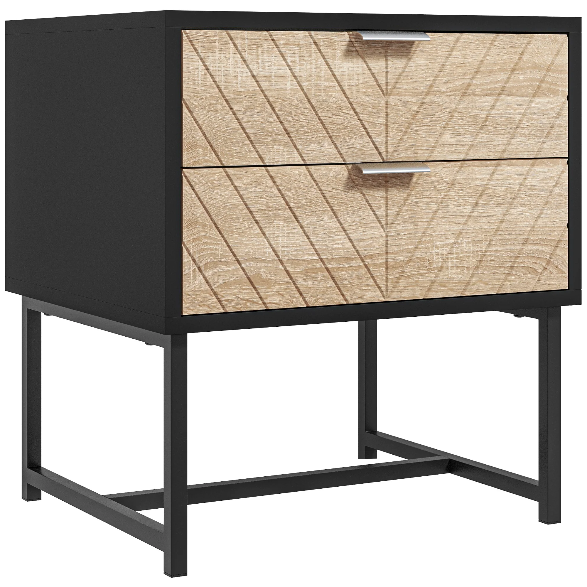 Modern Bedside Table with 2 Drawers, Nightstand with Metal Base, Sofa End Table, Black