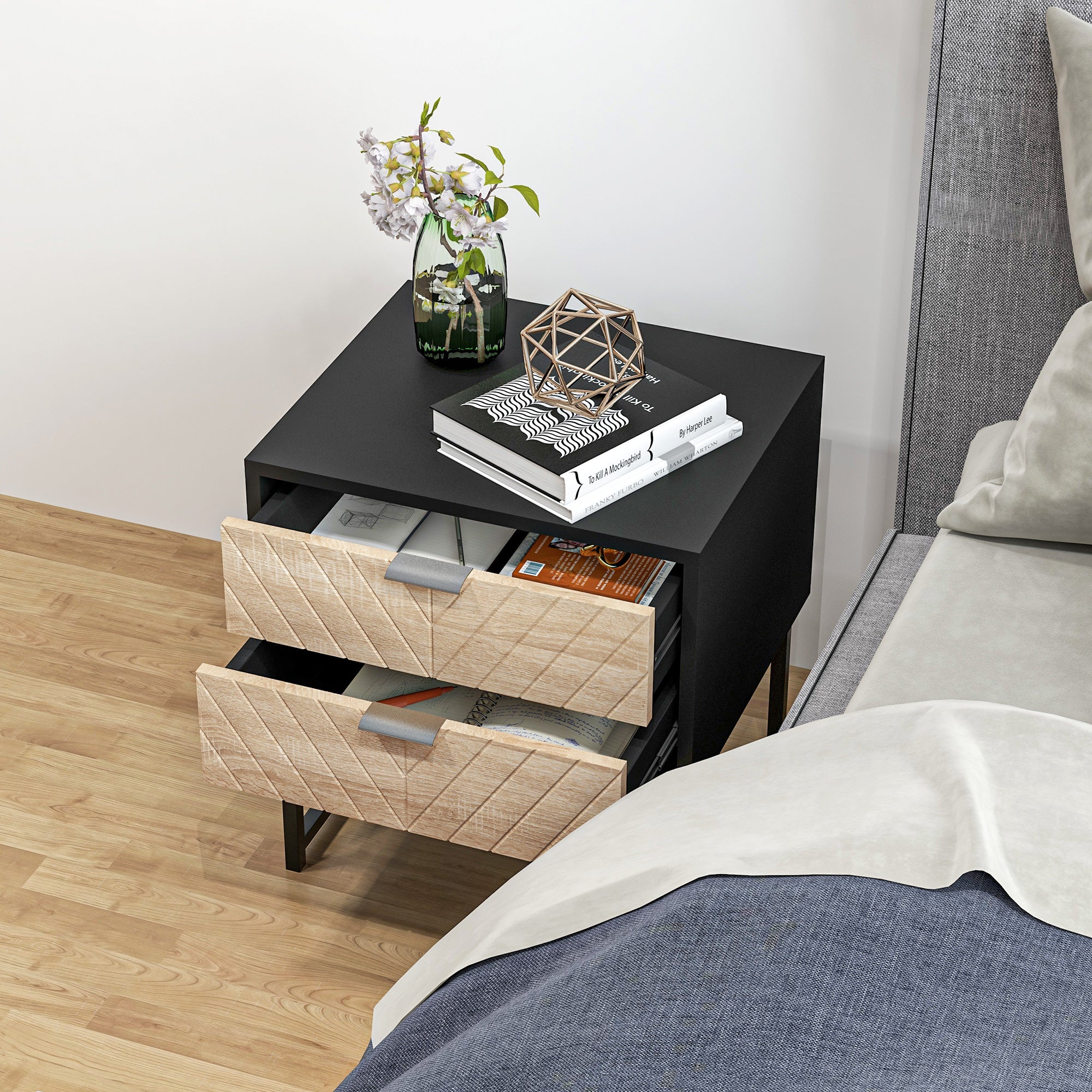 Modern Bedside Table with 2 Drawers, Nightstand with Metal Base, Sofa End Table, Black - Image 10