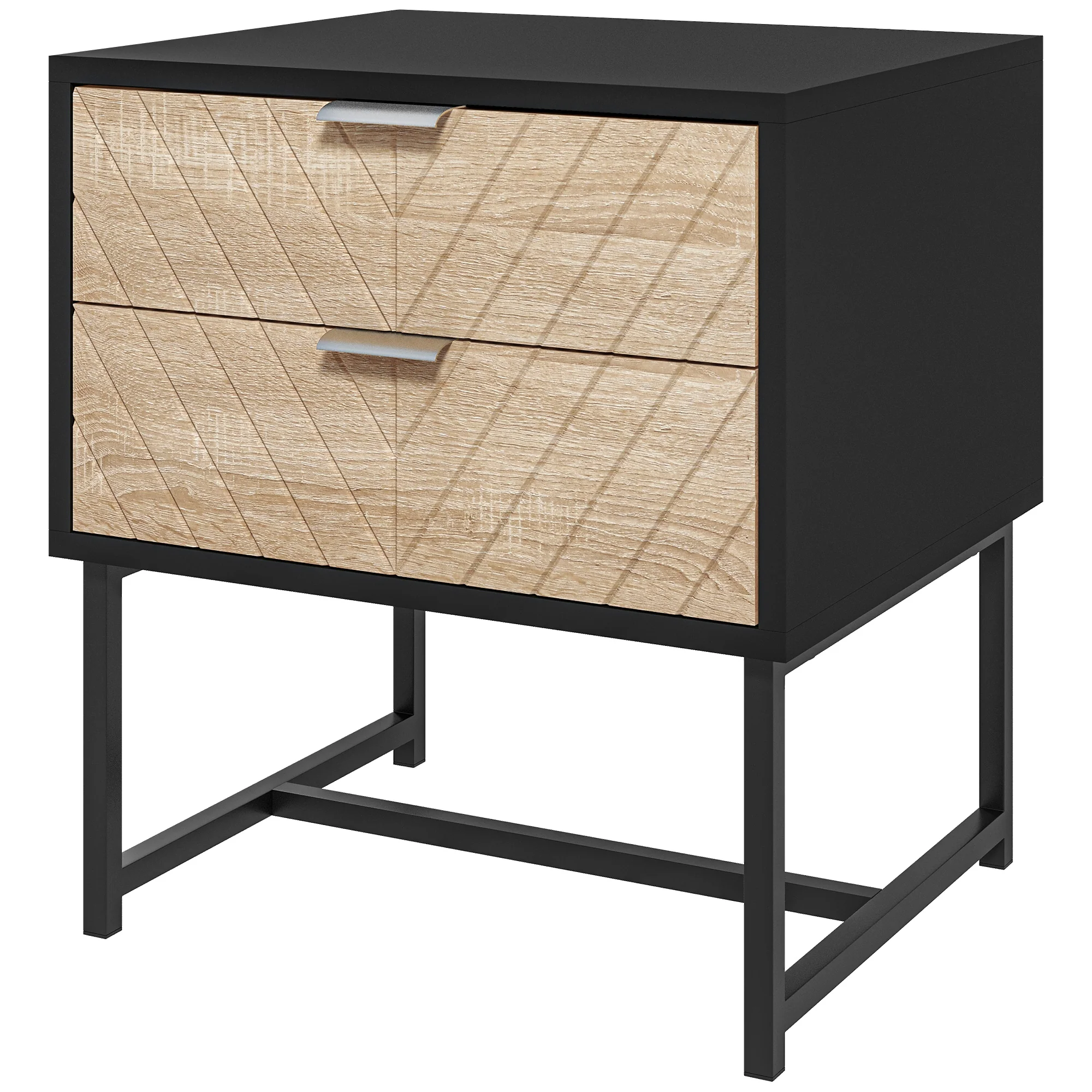 Modern Bedside Table with 2 Drawers, Nightstand with Metal Base, Sofa End Table, Black - Image 2