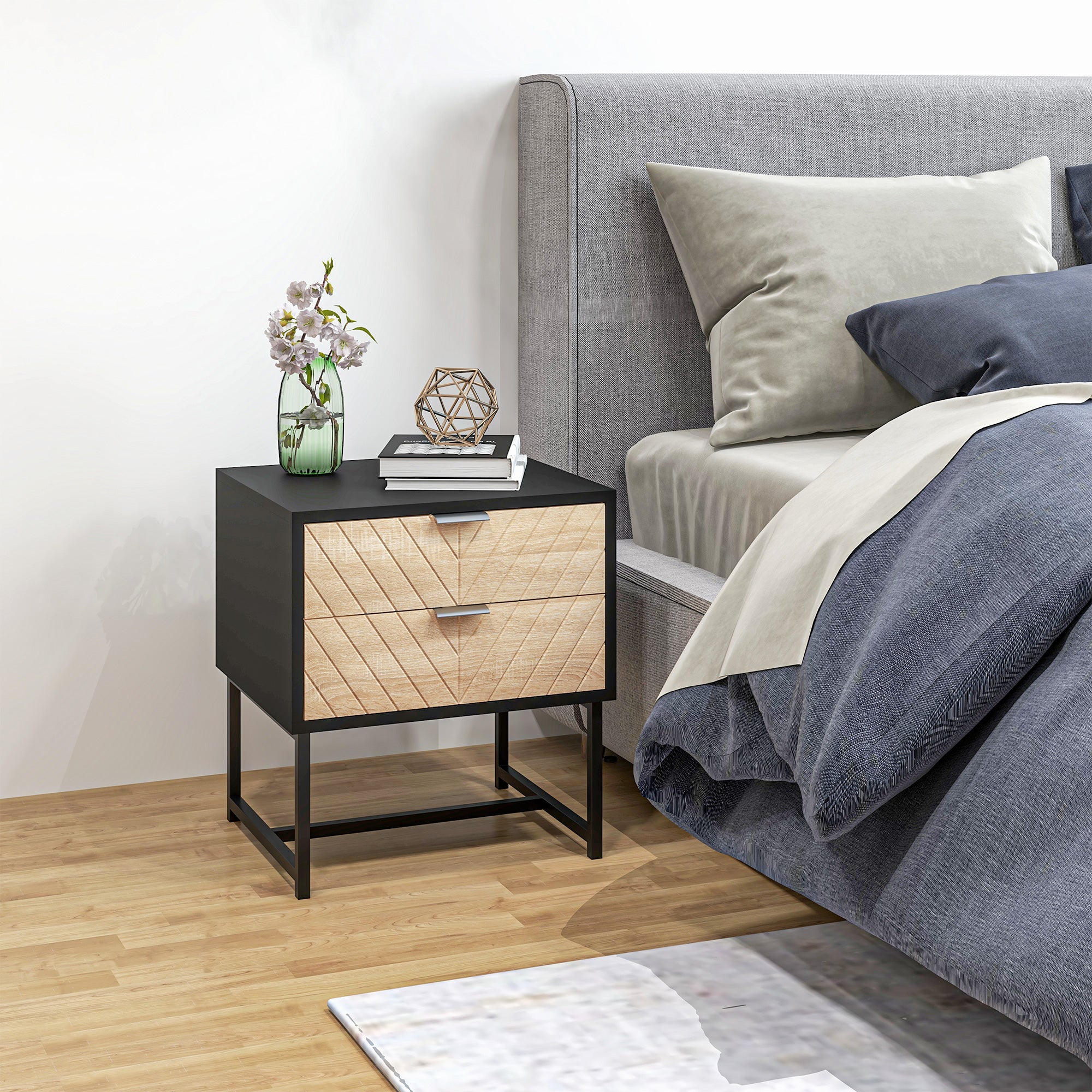 Modern Bedside Table with 2 Drawers, Nightstand with Metal Base, Sofa End Table, Black - Image 3