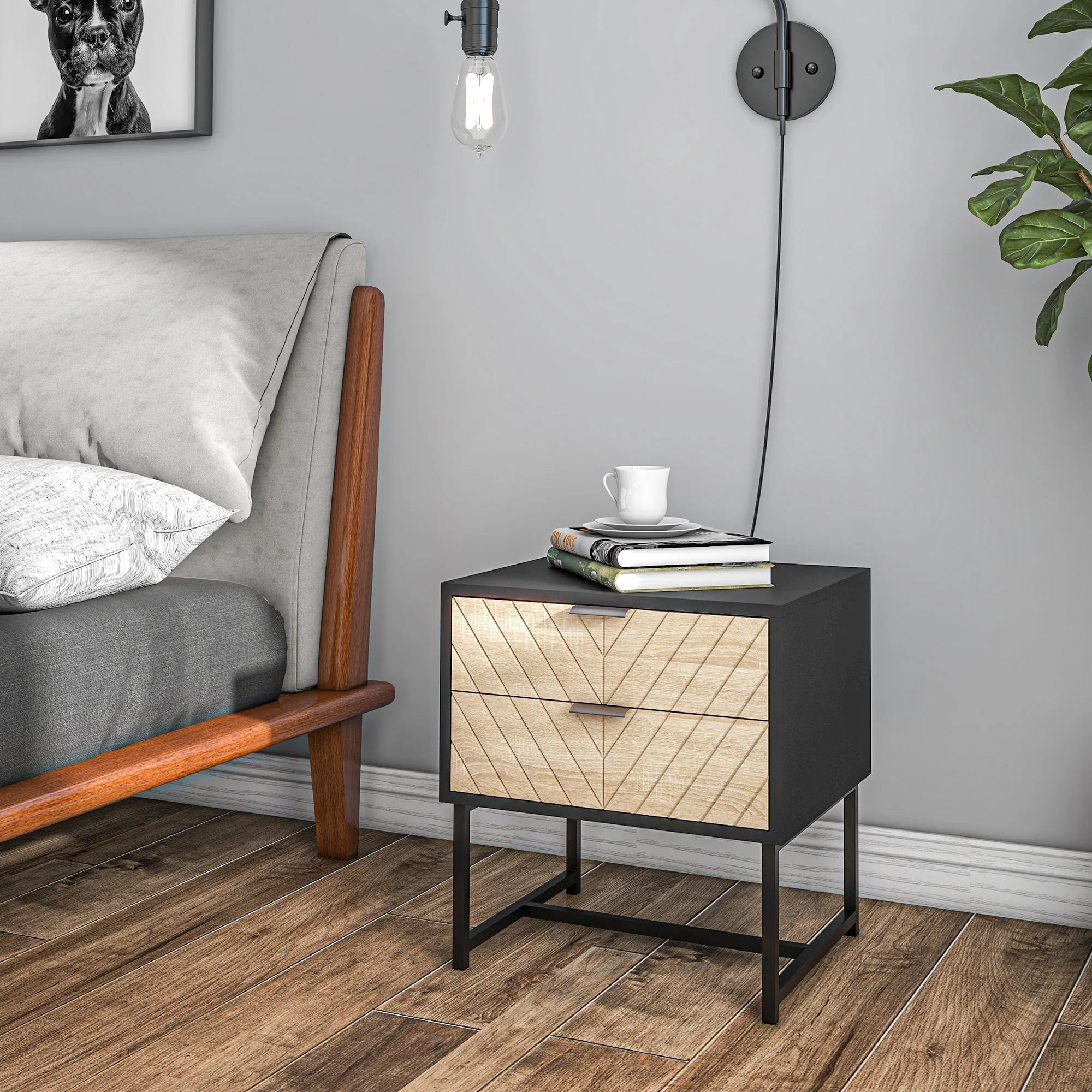 Modern Bedside Table with 2 Drawers, Nightstand with Metal Base, Sofa End Table, Black - Image 4