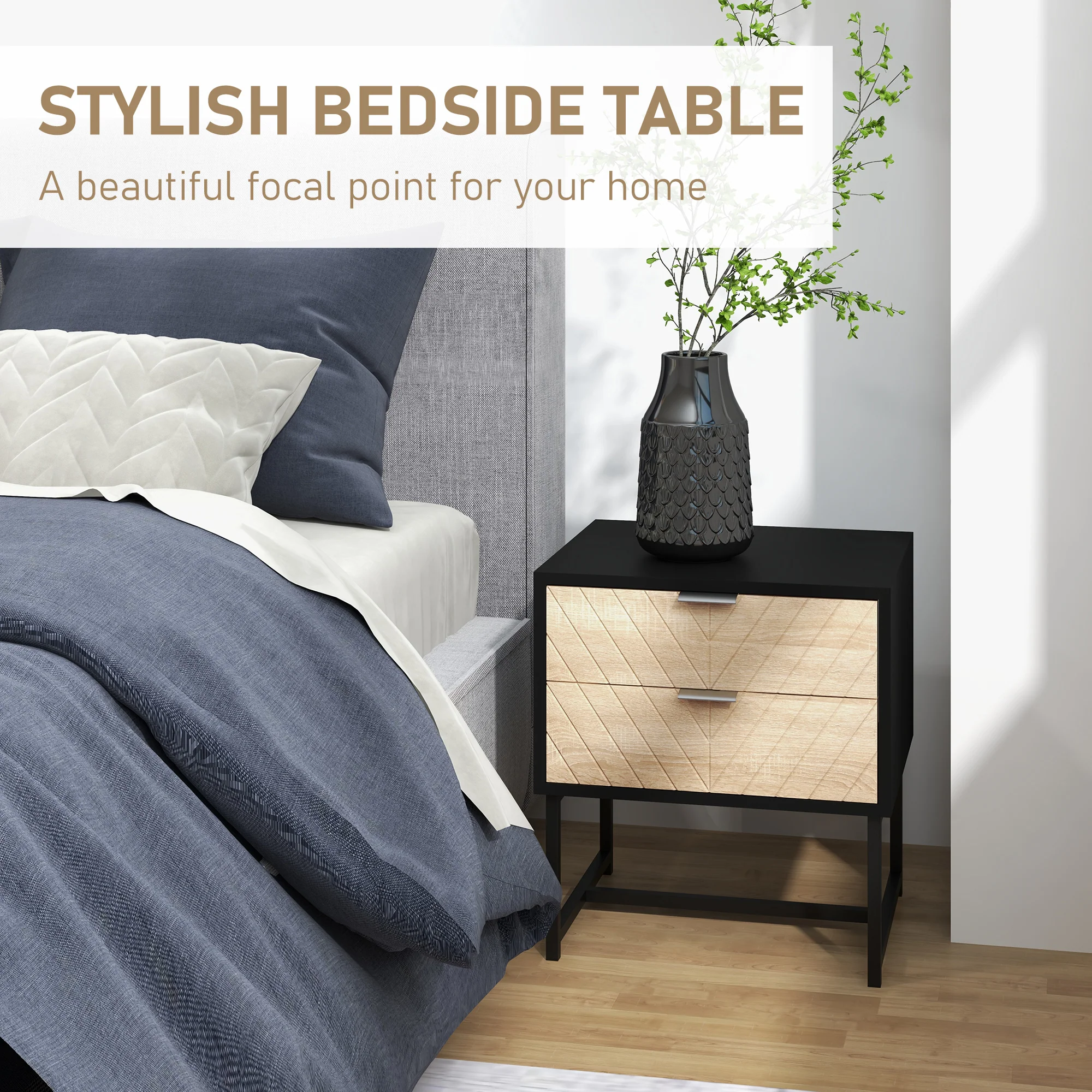 Modern Bedside Table with 2 Drawers, Nightstand with Metal Base, Sofa End Table, Black - Image 6