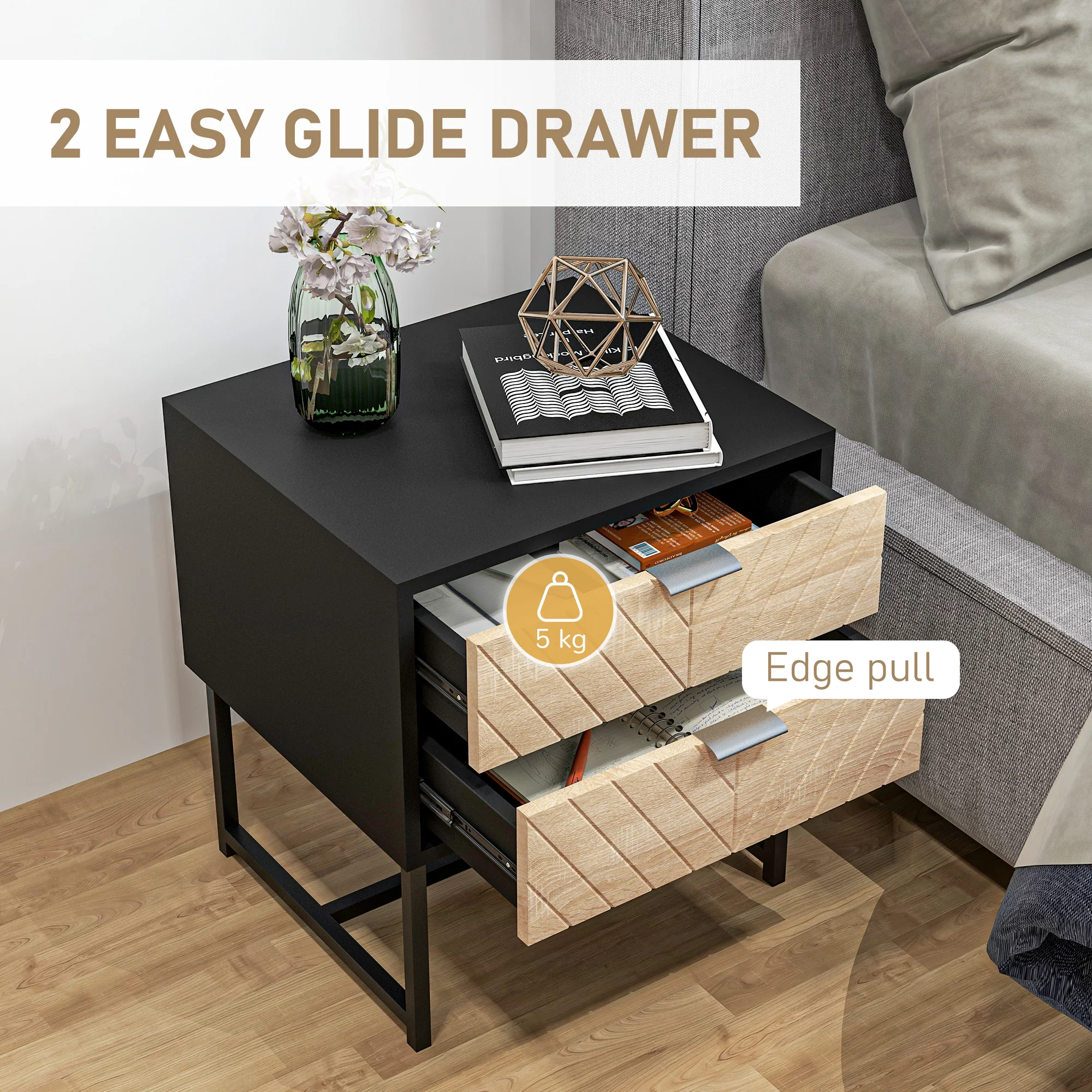 Modern Bedside Table with 2 Drawers, Nightstand with Metal Base, Sofa End Table, Black - Image 7