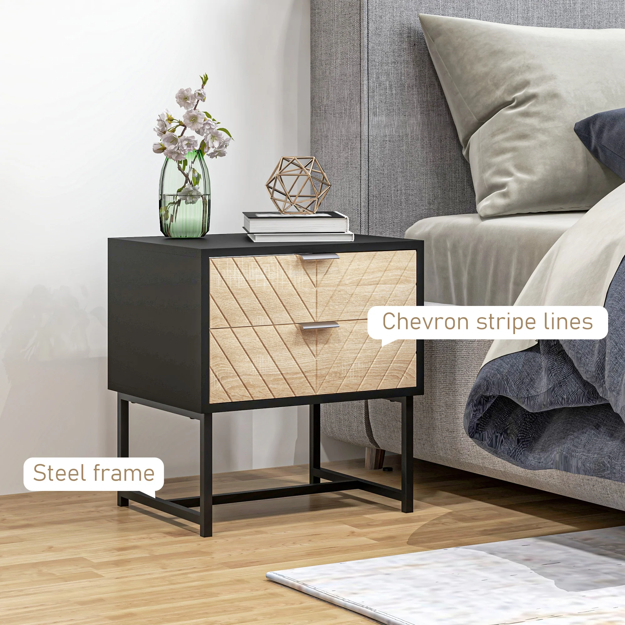 Modern Bedside Table with 2 Drawers, Nightstand with Metal Base, Sofa End Table, Black - Image 8