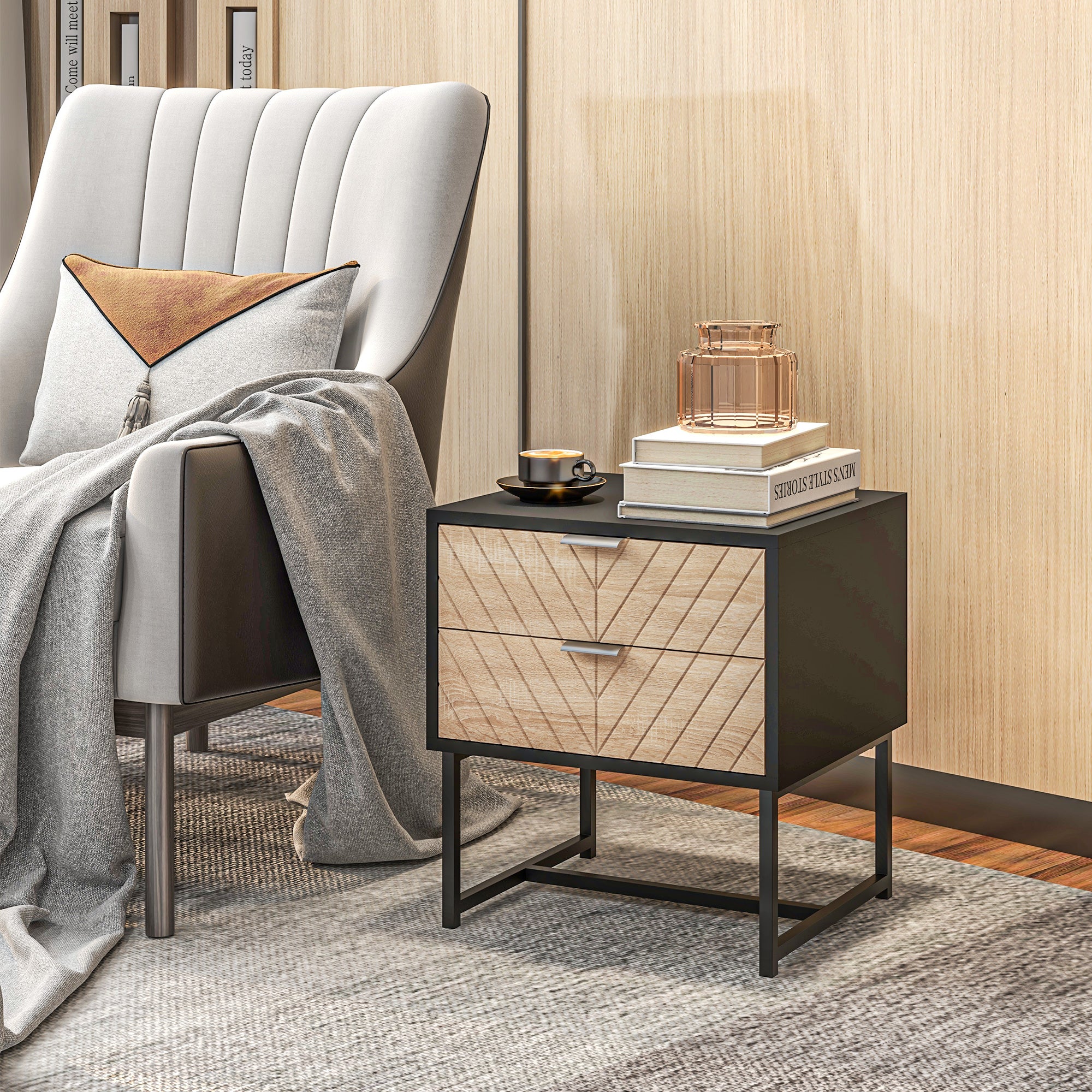 Modern Bedside Table with 2 Drawers, Nightstand with Metal Base, Sofa End Table, Black - Image 9
