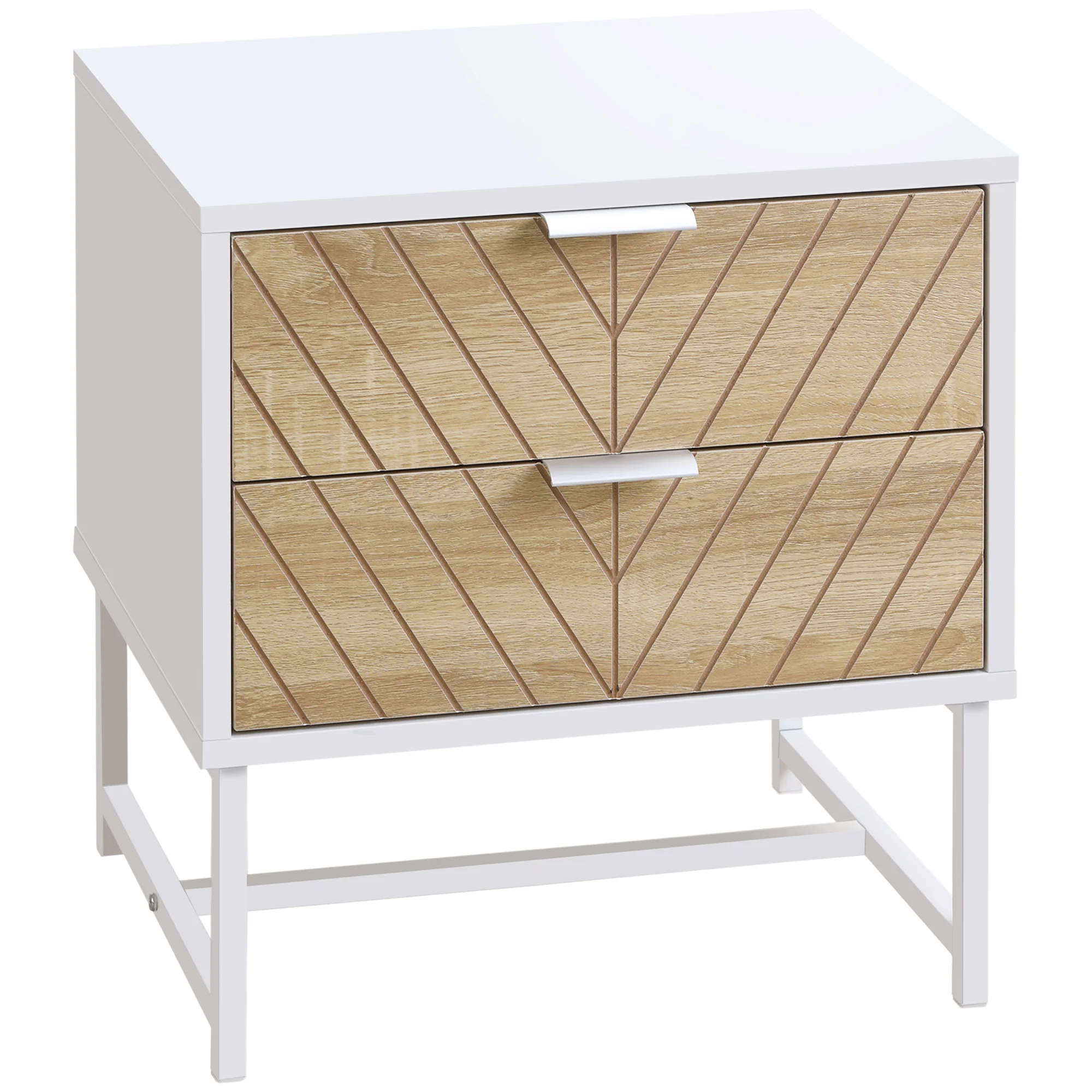 Modern Bedside Table with 2 Drawers, Nightstand with Metal Base, Sofa End Table, White