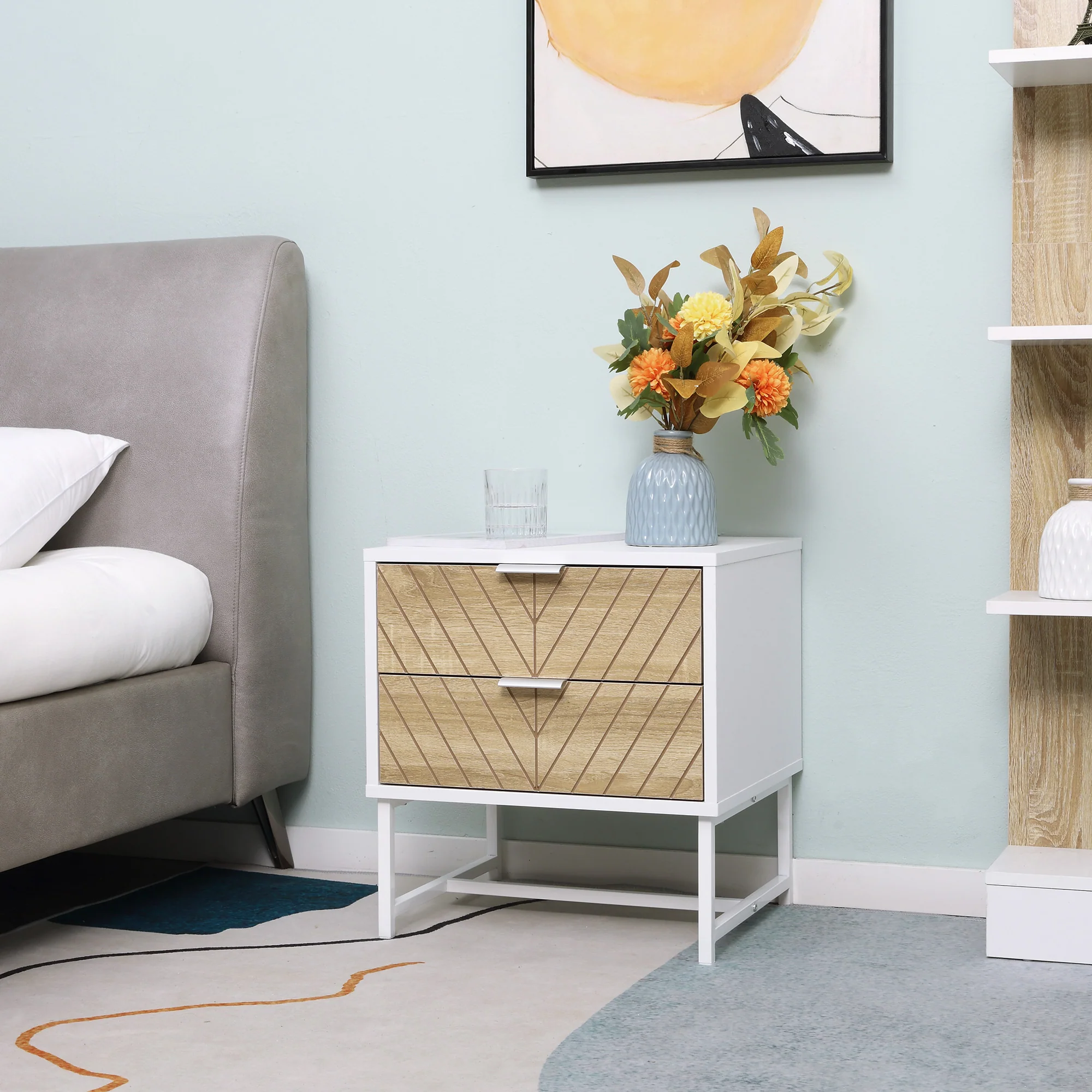 Modern Bedside Table with 2 Drawers, Nightstand with Metal Base, Sofa End Table, White - Image 3