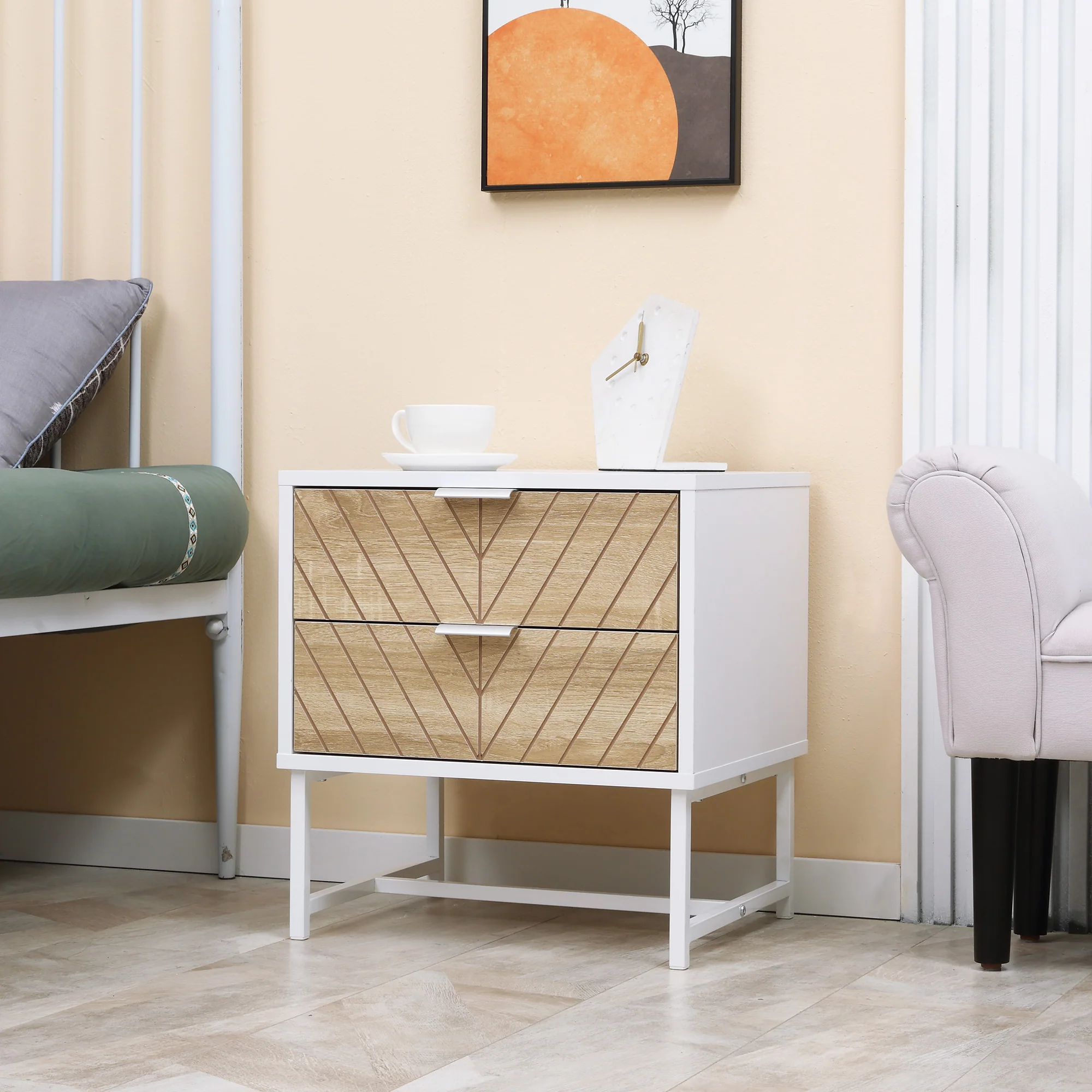 Modern Bedside Table with 2 Drawers, Nightstand with Metal Base, Sofa End Table, White - Image 4
