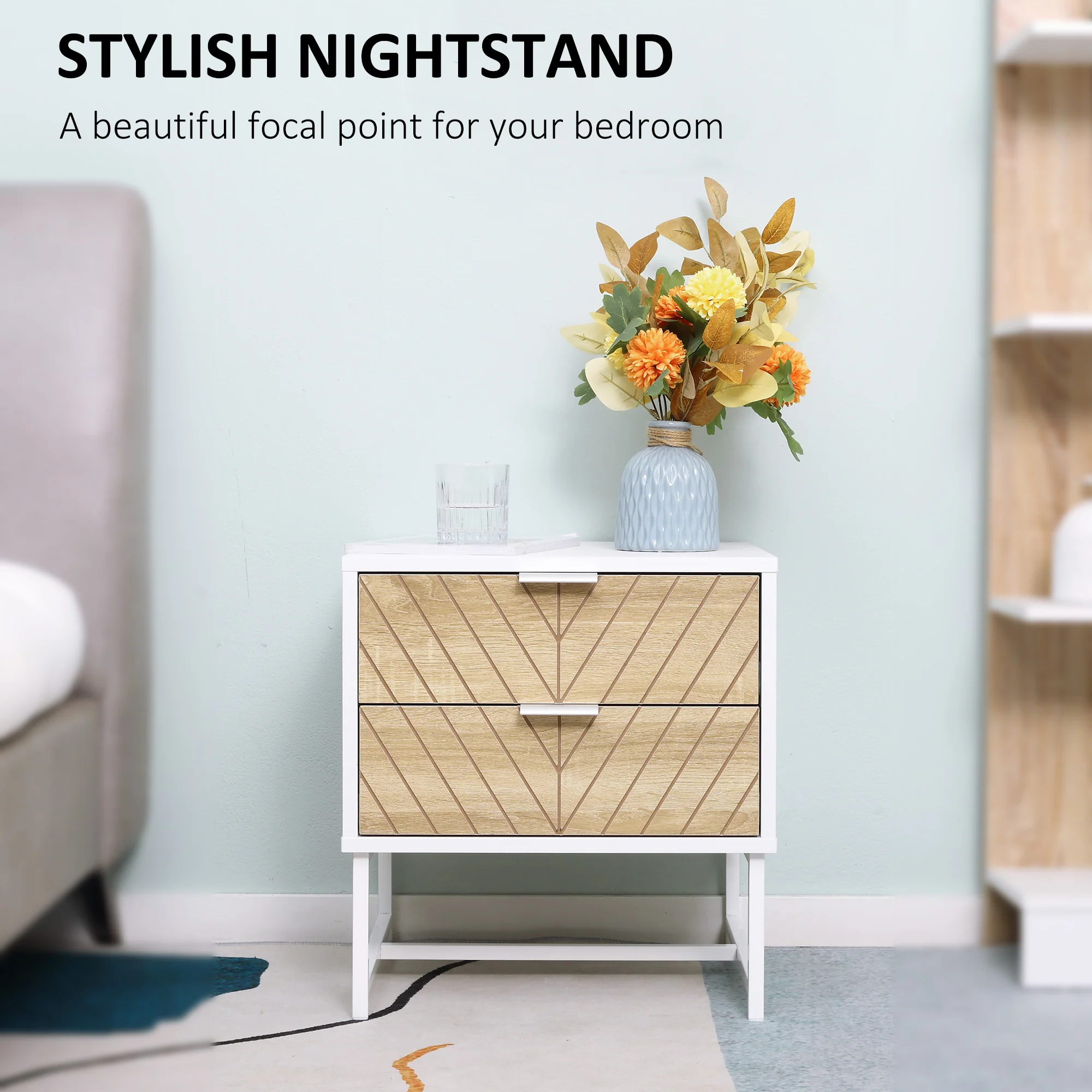 Modern Bedside Table with 2 Drawers, Nightstand with Metal Base, Sofa End Table, White - Image 6