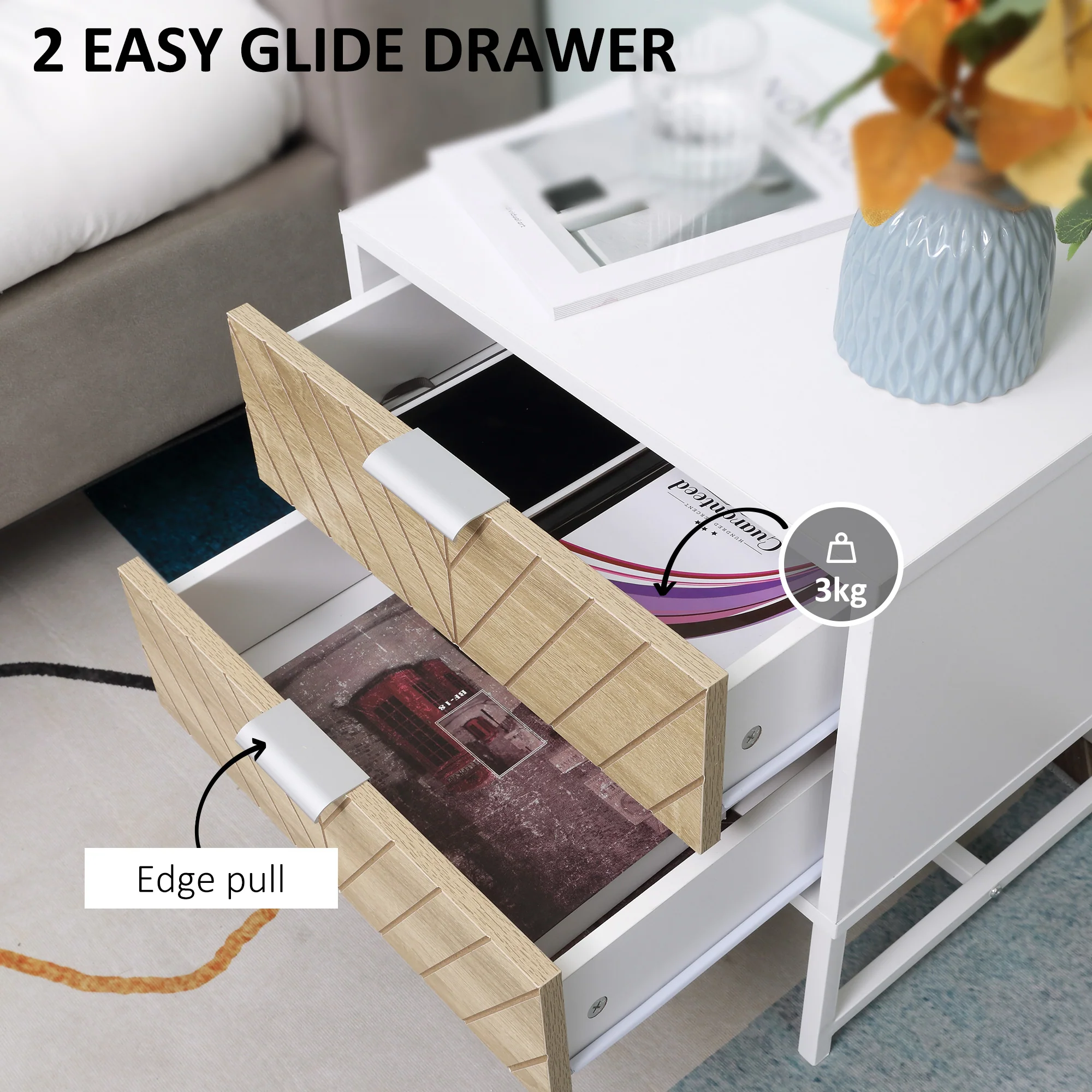 Modern Bedside Table with 2 Drawers, Nightstand with Metal Base, Sofa End Table, White - Image 7