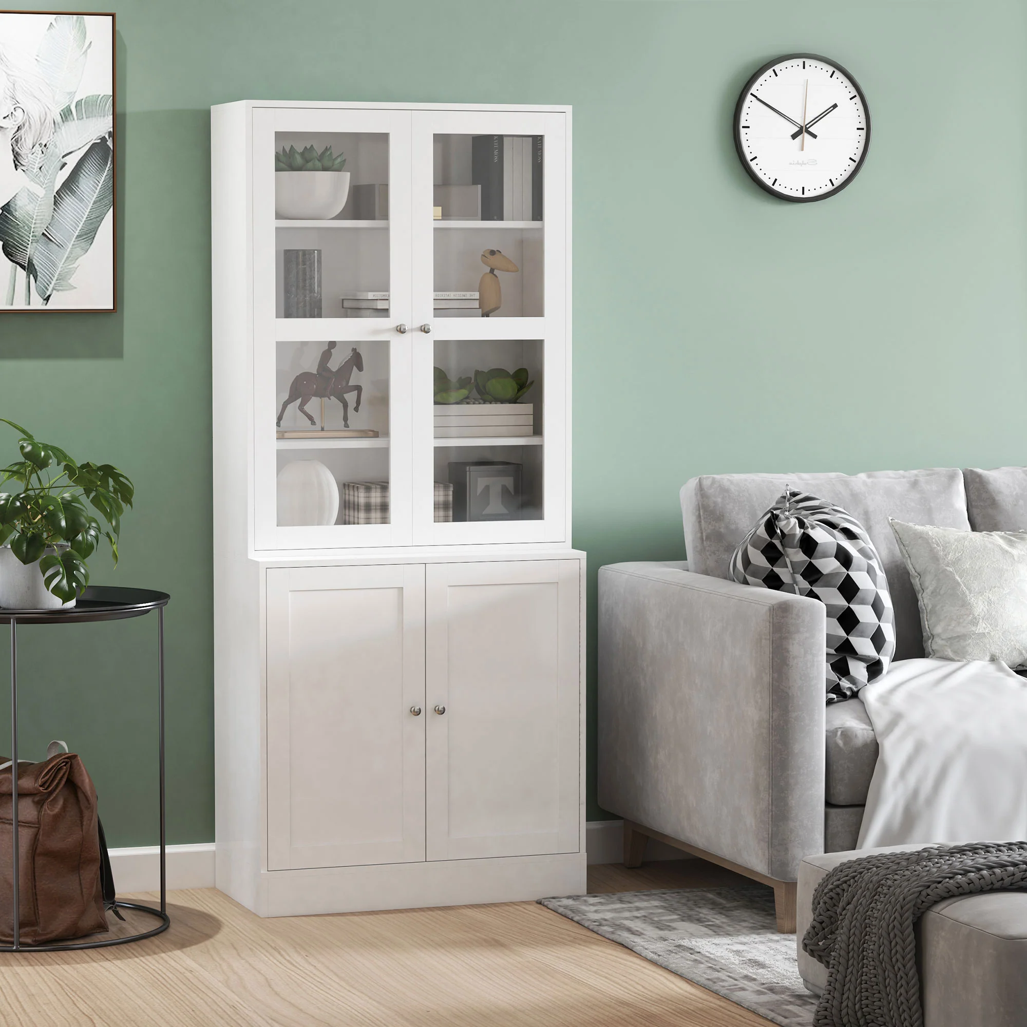 Modern Bookcase with Glass Doors, Display Storage Cabinet w/ Adjustable Shelves, White - Image 11