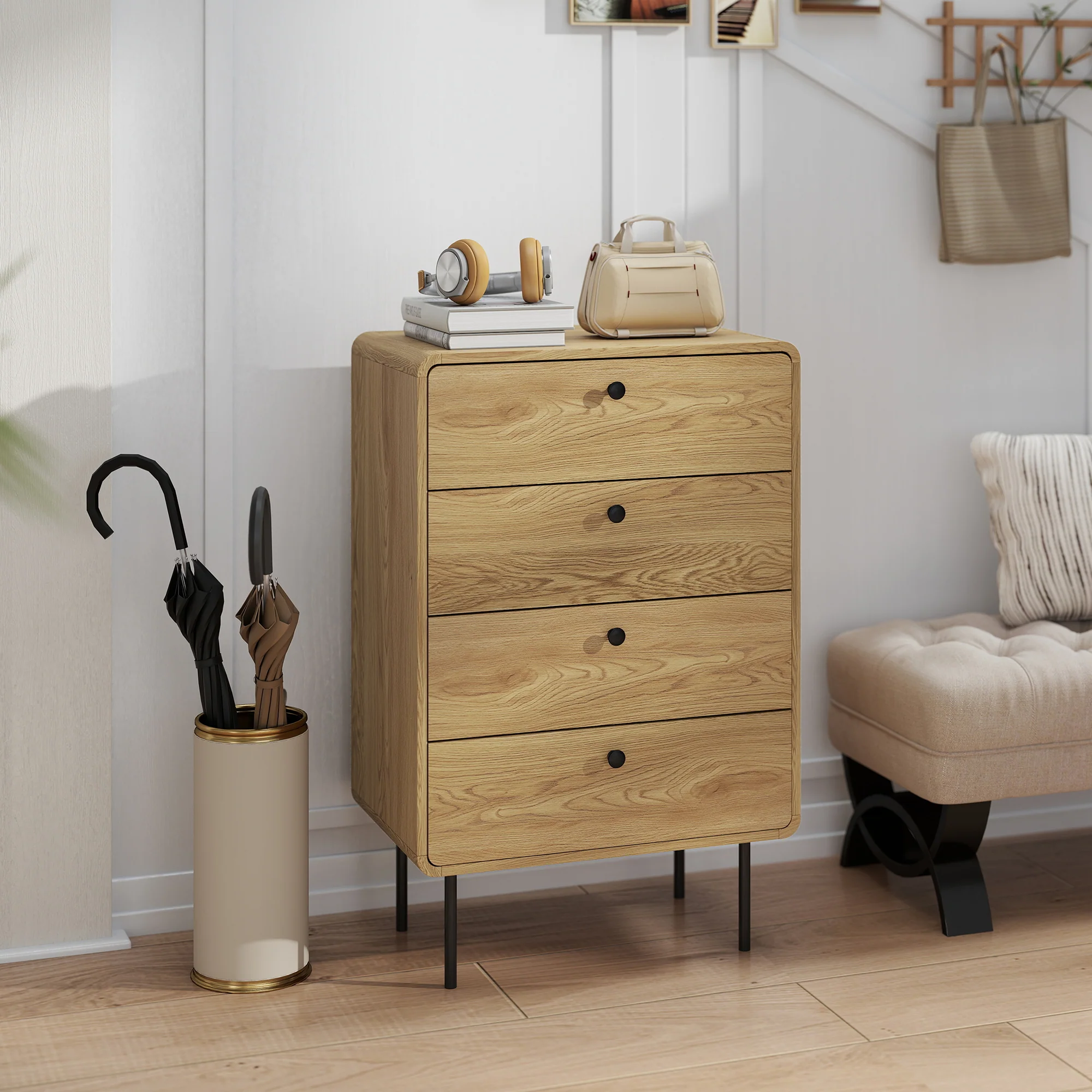 Modern Chest of Drawers with 4 Drawers, Dresser with Wood Handles and Steel Legs for Bedroom, Living Room, Entryway, Oak - Image 11