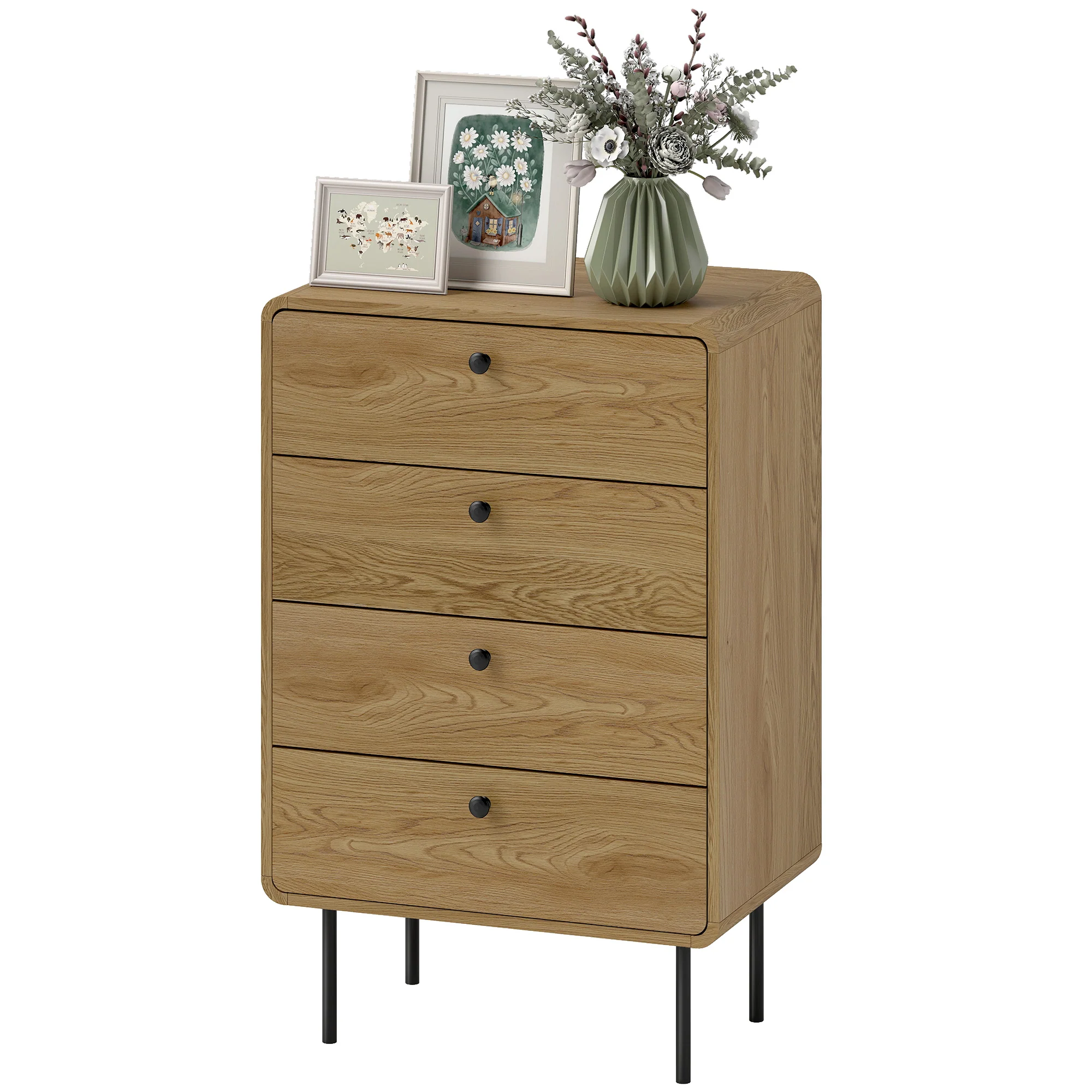 Modern Chest of Drawers with 4 Drawers, Dresser with Wood Handles and Steel Legs for Bedroom, Living Room, Entryway, Oak - Image 2