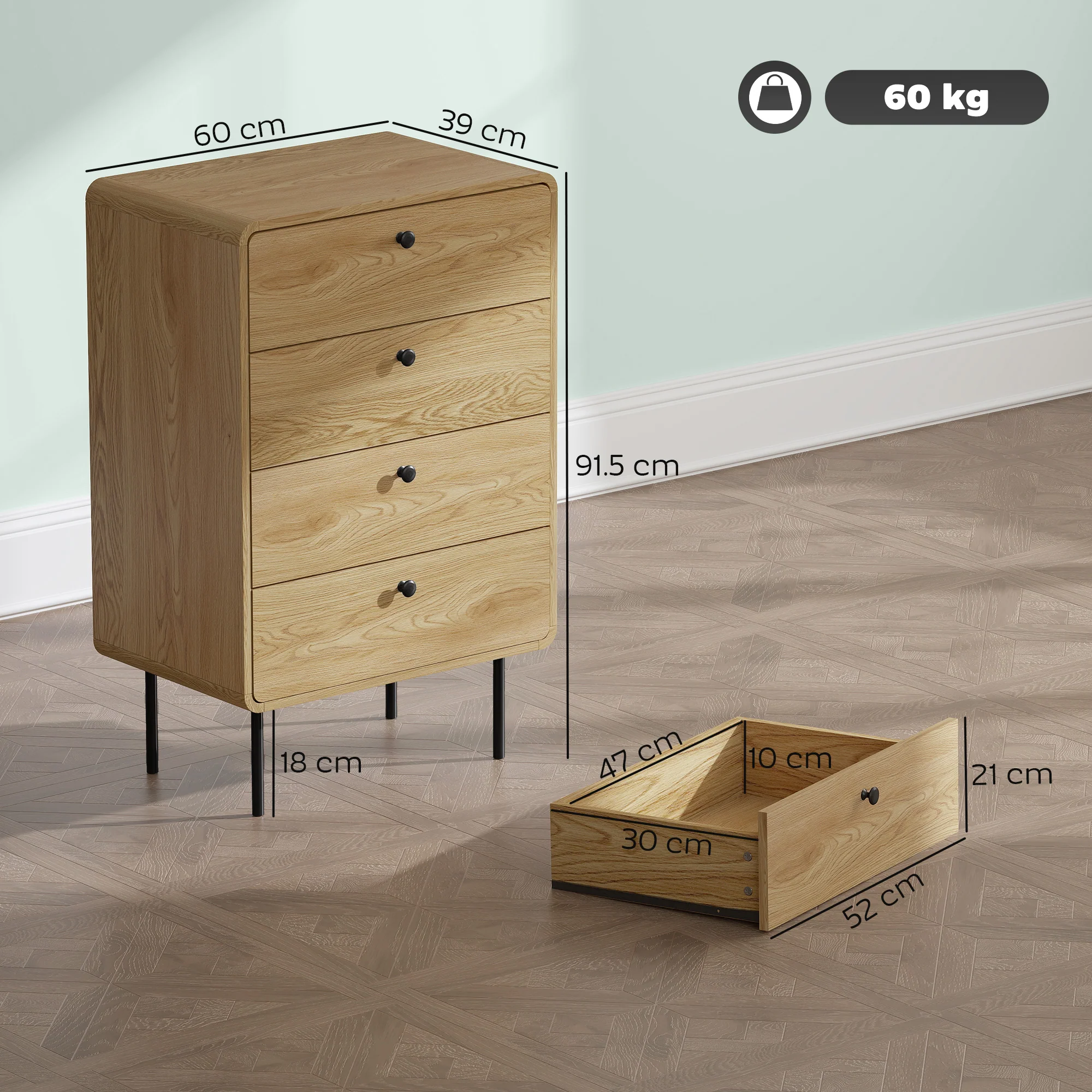 Modern Chest of Drawers with 4 Drawers, Dresser with Wood Handles and Steel Legs for Bedroom, Living Room, Entryway, Oak - Image 5