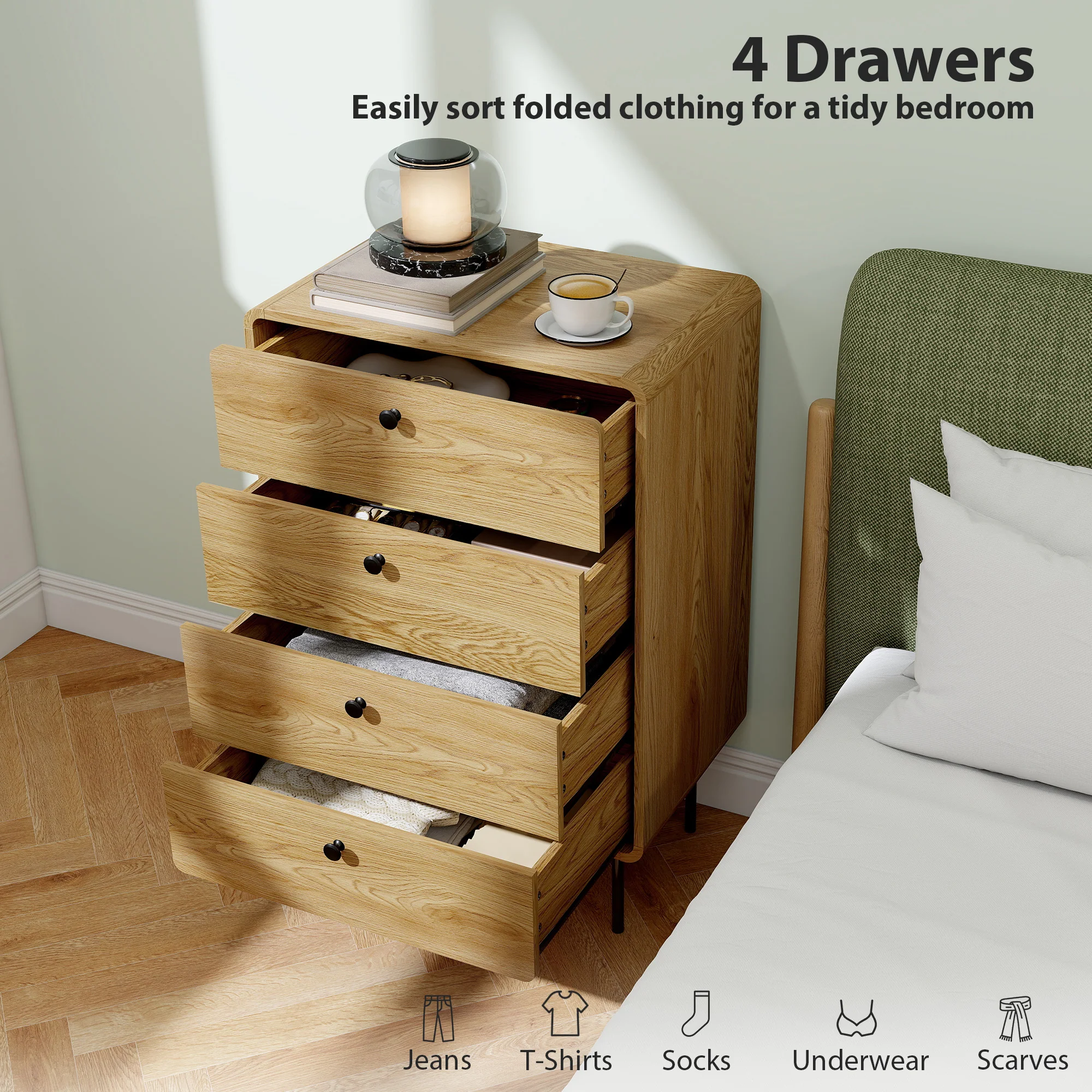 Modern Chest of Drawers with 4 Drawers, Dresser with Wood Handles and Steel Legs for Bedroom, Living Room, Entryway, Oak - Image 6