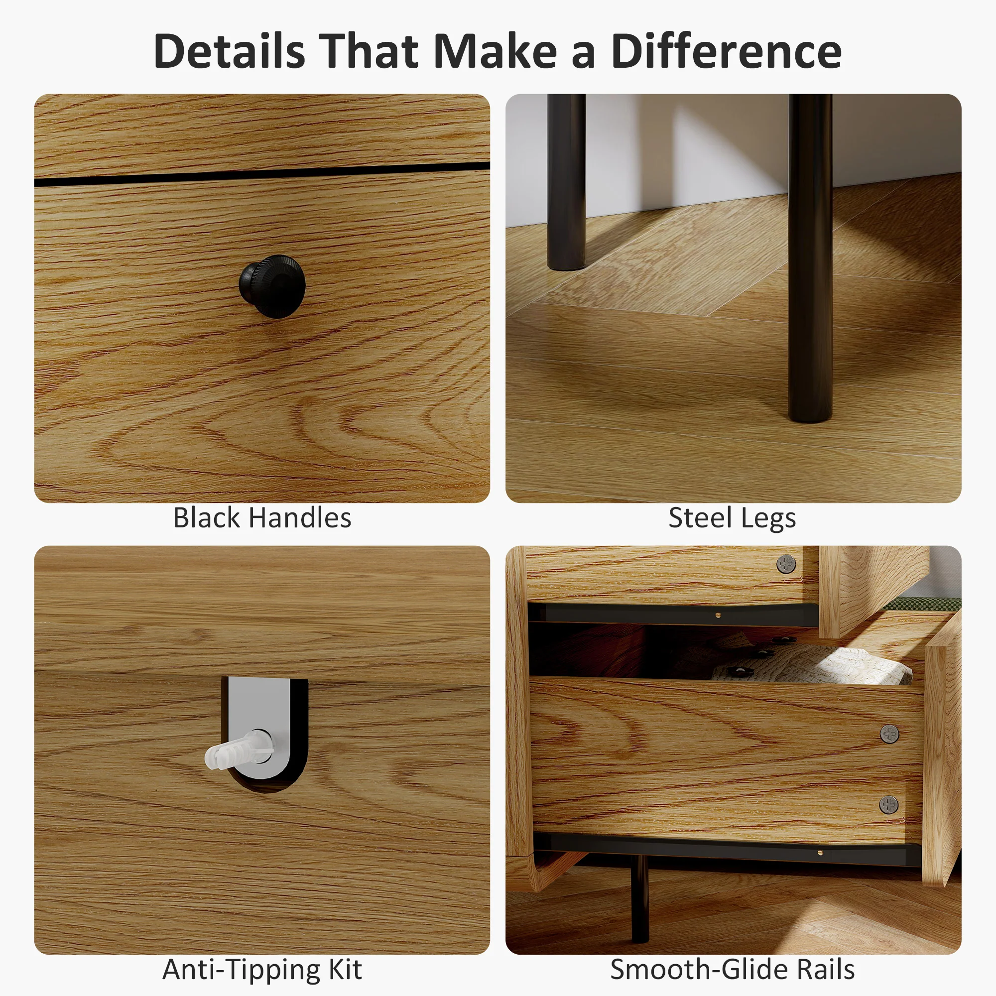 Modern Chest of Drawers with 4 Drawers, Dresser with Wood Handles and Steel Legs for Bedroom, Living Room, Entryway, Oak - Image 8