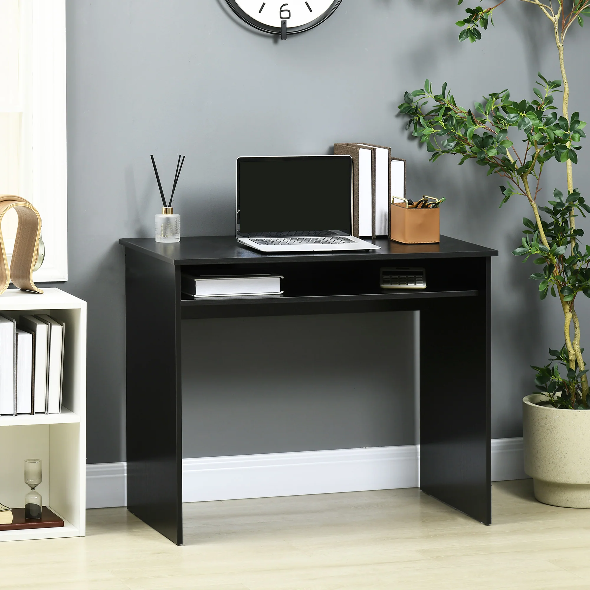 Modern Computer Desk, Small Writing Desk with Storage Shelf, 90 x 50cm, Black Wood Grain - Image 4