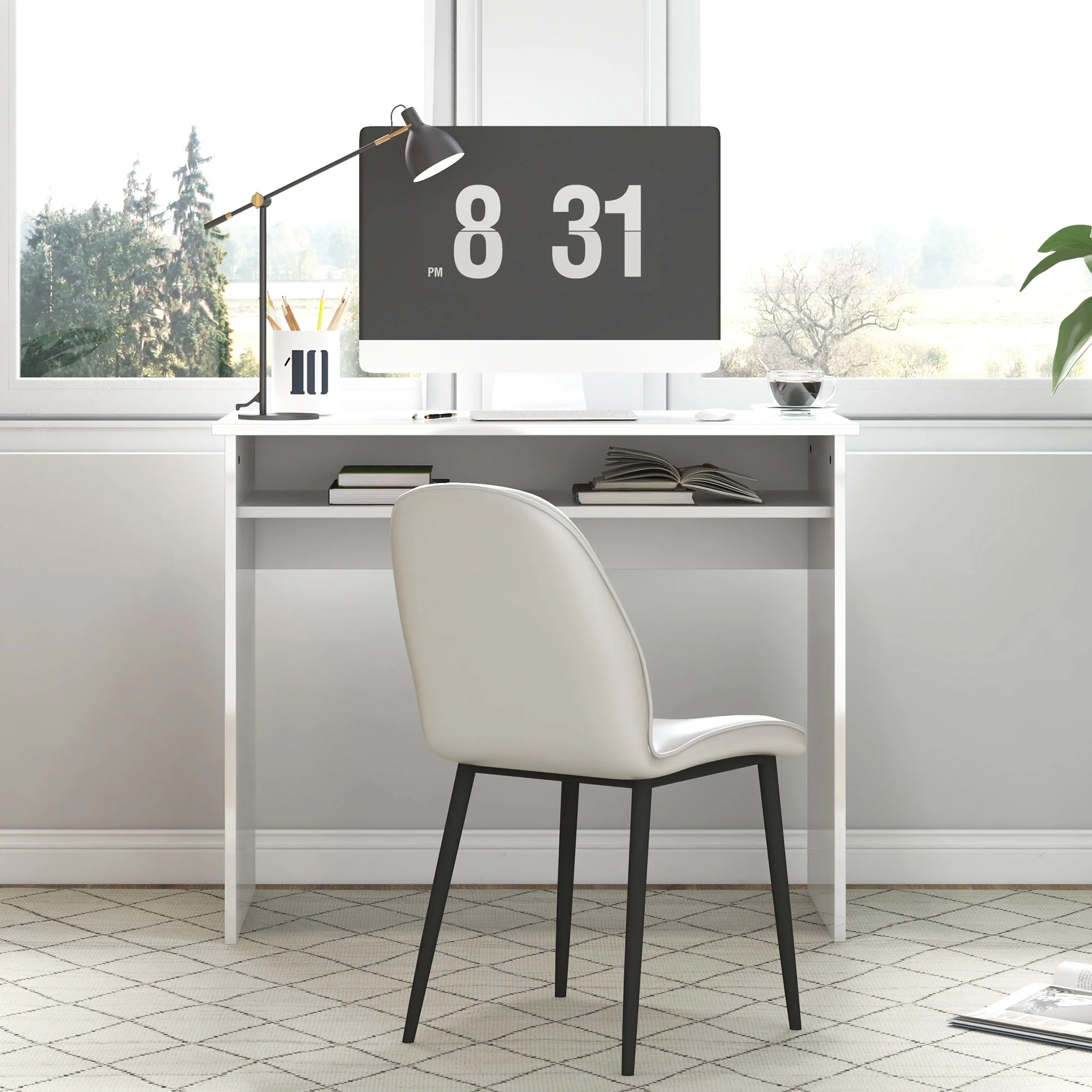Modern Computer Desk, Small Writing Desk with Storage Shelf, 90 x 50cm, High Gloss White - Image 10