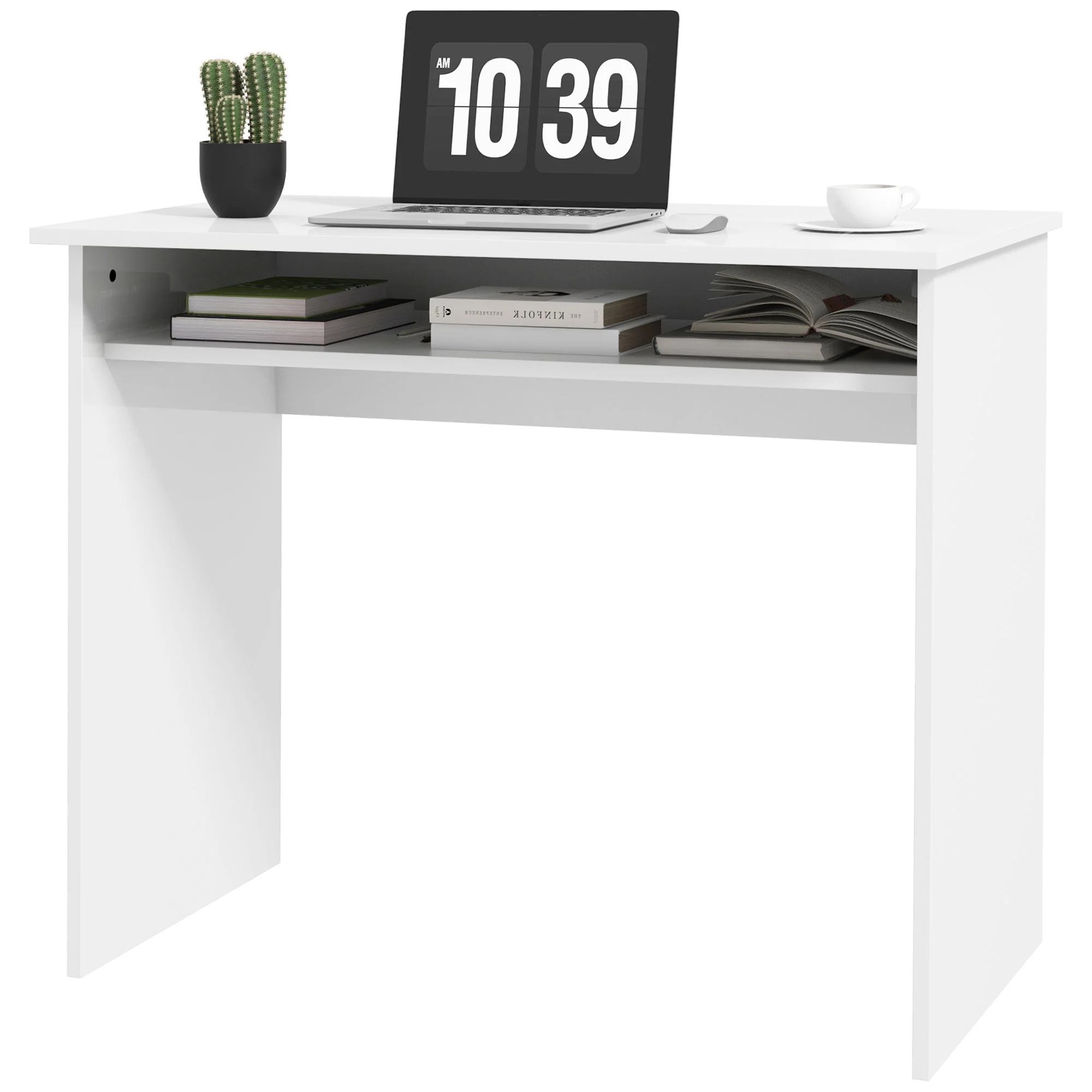 Modern Computer Desk, Small Writing Desk with Storage Shelf, 90 x 50cm, High Gloss White - Image 2