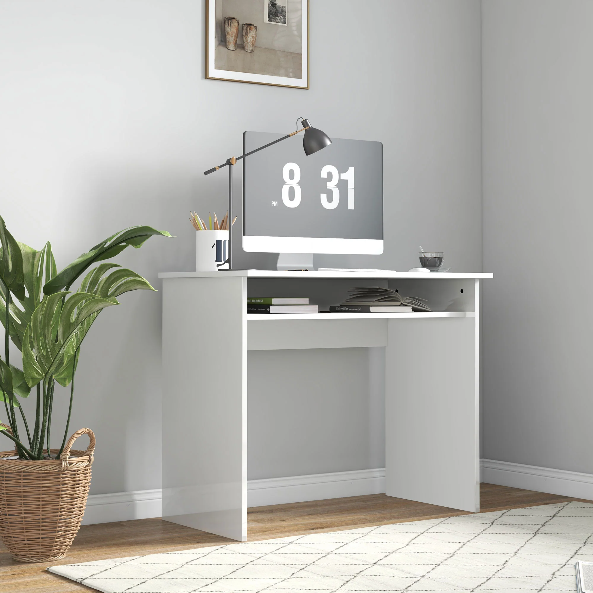 Modern Computer Desk, Small Writing Desk with Storage Shelf, 90 x 50cm, High Gloss White - Image 3