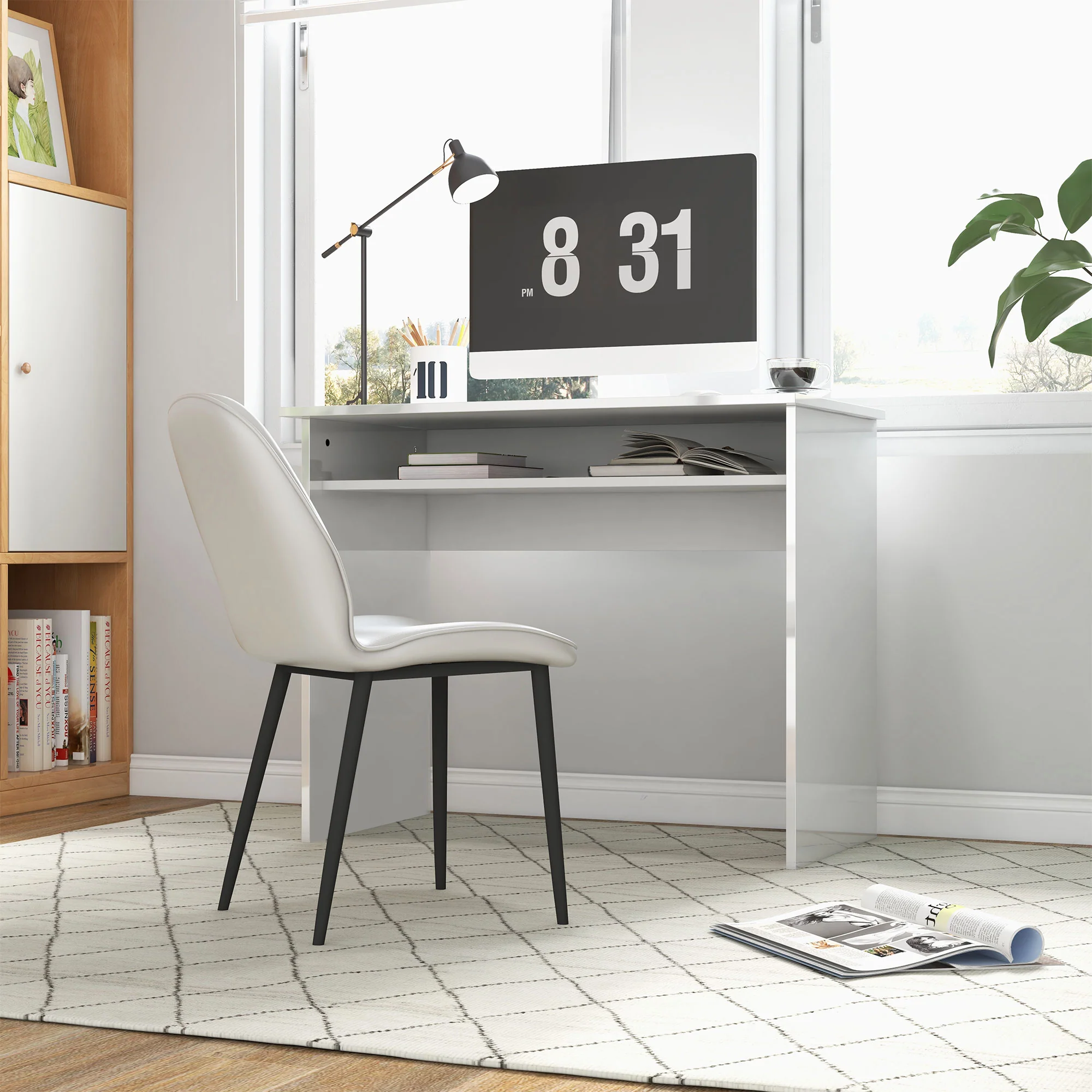 Modern Computer Desk, Small Writing Desk with Storage Shelf, 90 x 50cm, High Gloss White - Image 4