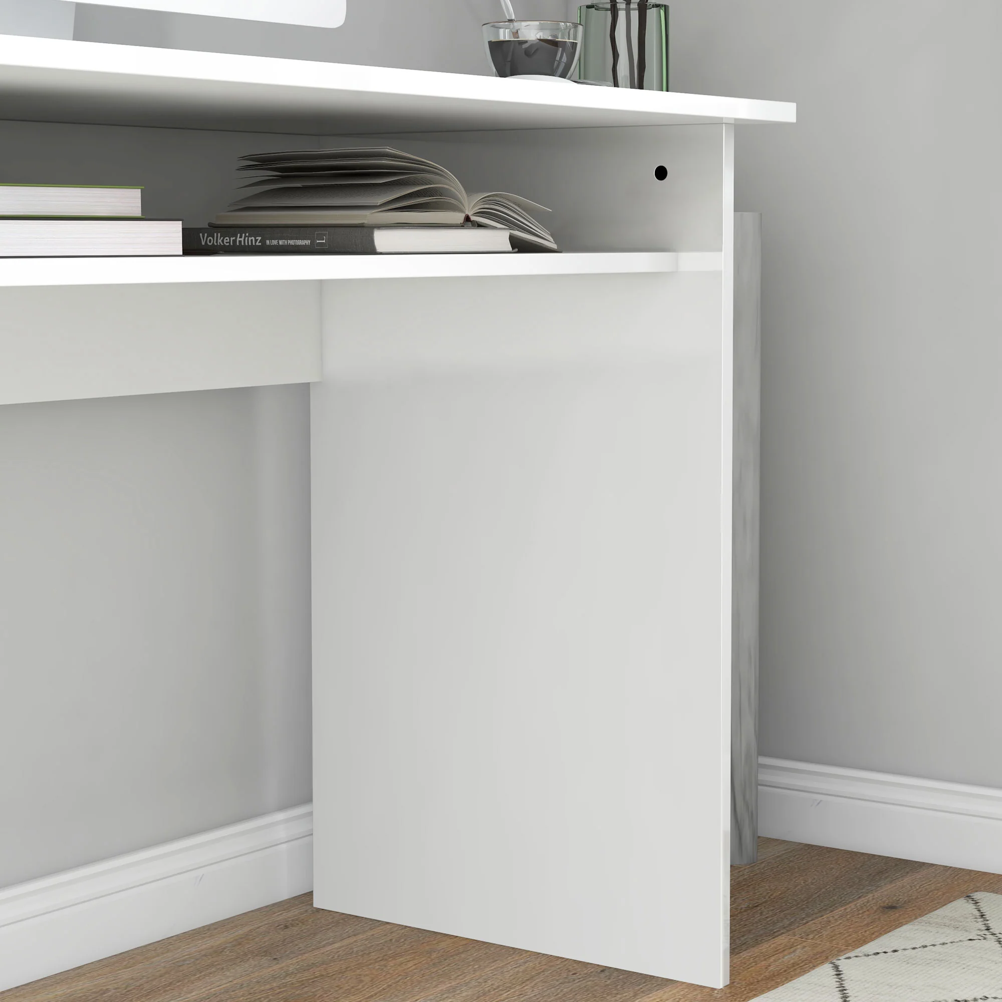 Modern Computer Desk, Small Writing Desk with Storage Shelf, 90 x 50cm, High Gloss White - Image 9