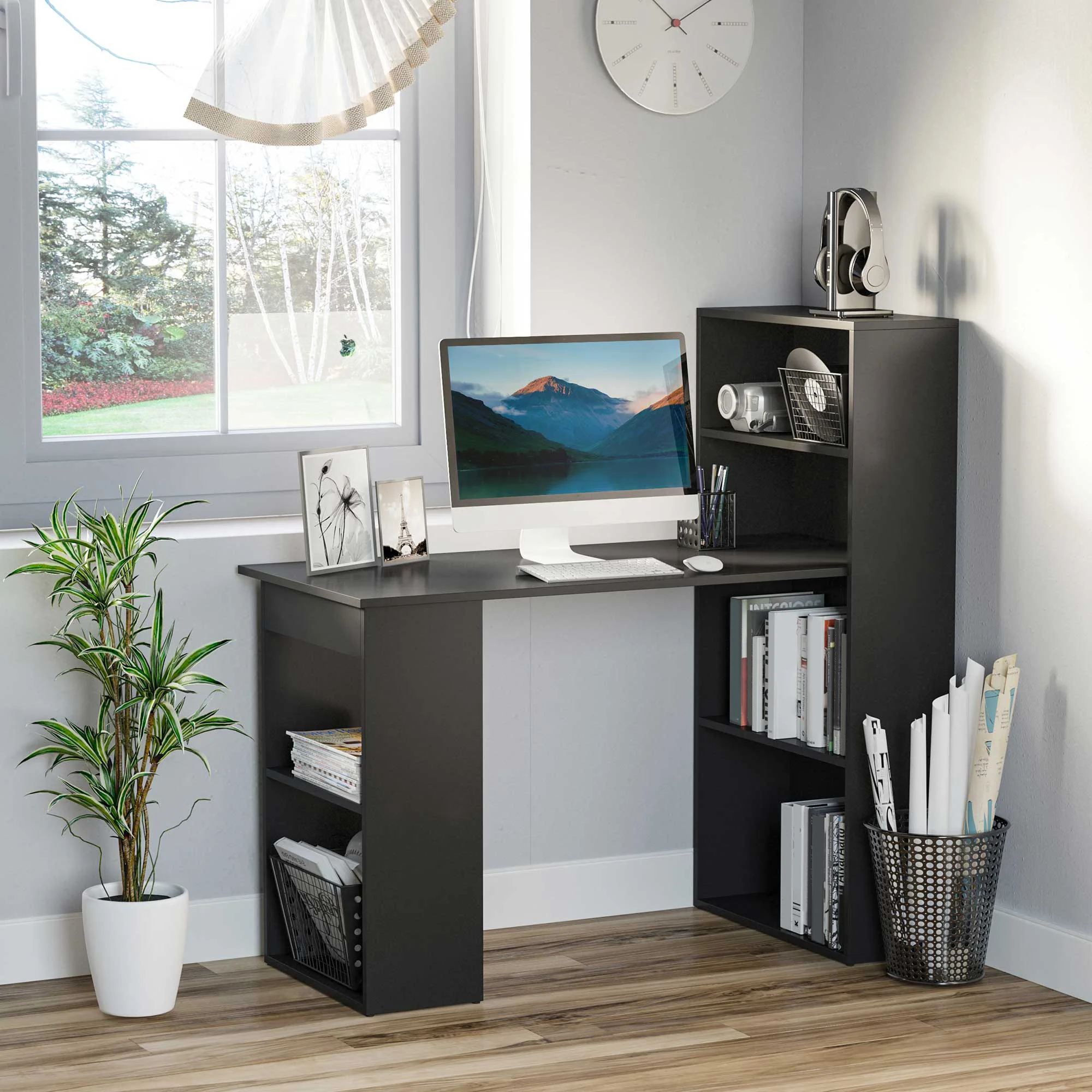 Modern Computer Desk with 4 Cubby Shelves, Writing Table Workstation with Bookshelf, Black - Image 4