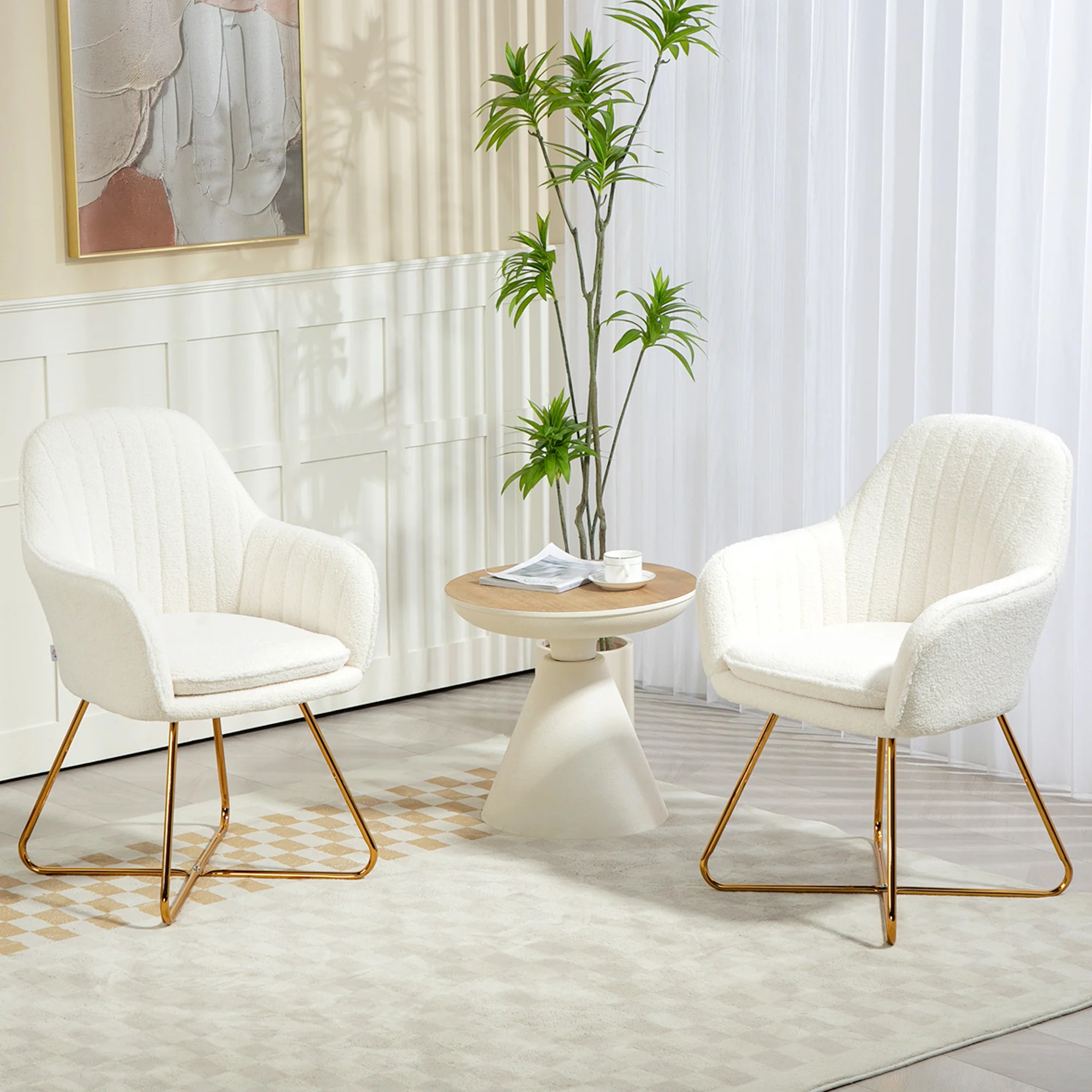 Modern Dining Chair Set of 2, Sherpa Fleece Armchair with Padded Seat, Cream White - Image 4