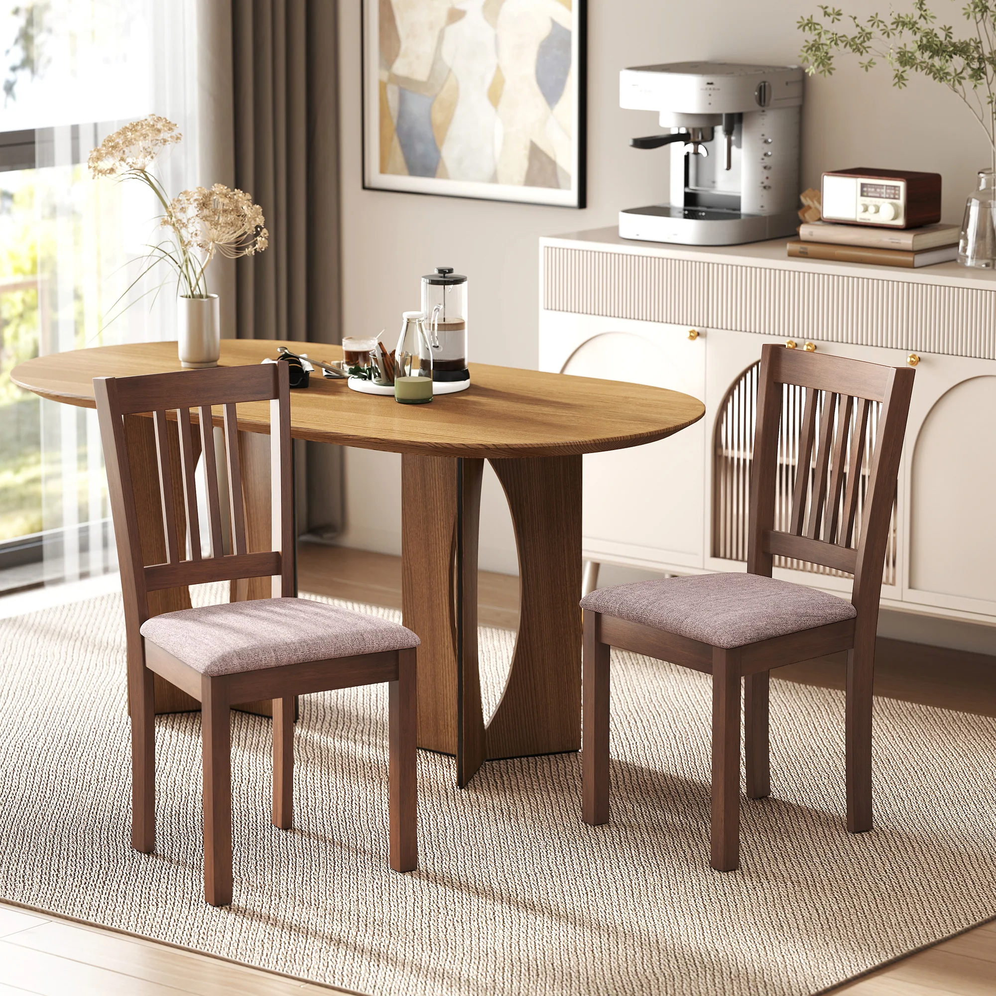 Set of 2 Modern Upholstered Dining Chairs with Linen Fabric and Rubberwood Legs in Brown - Image 3