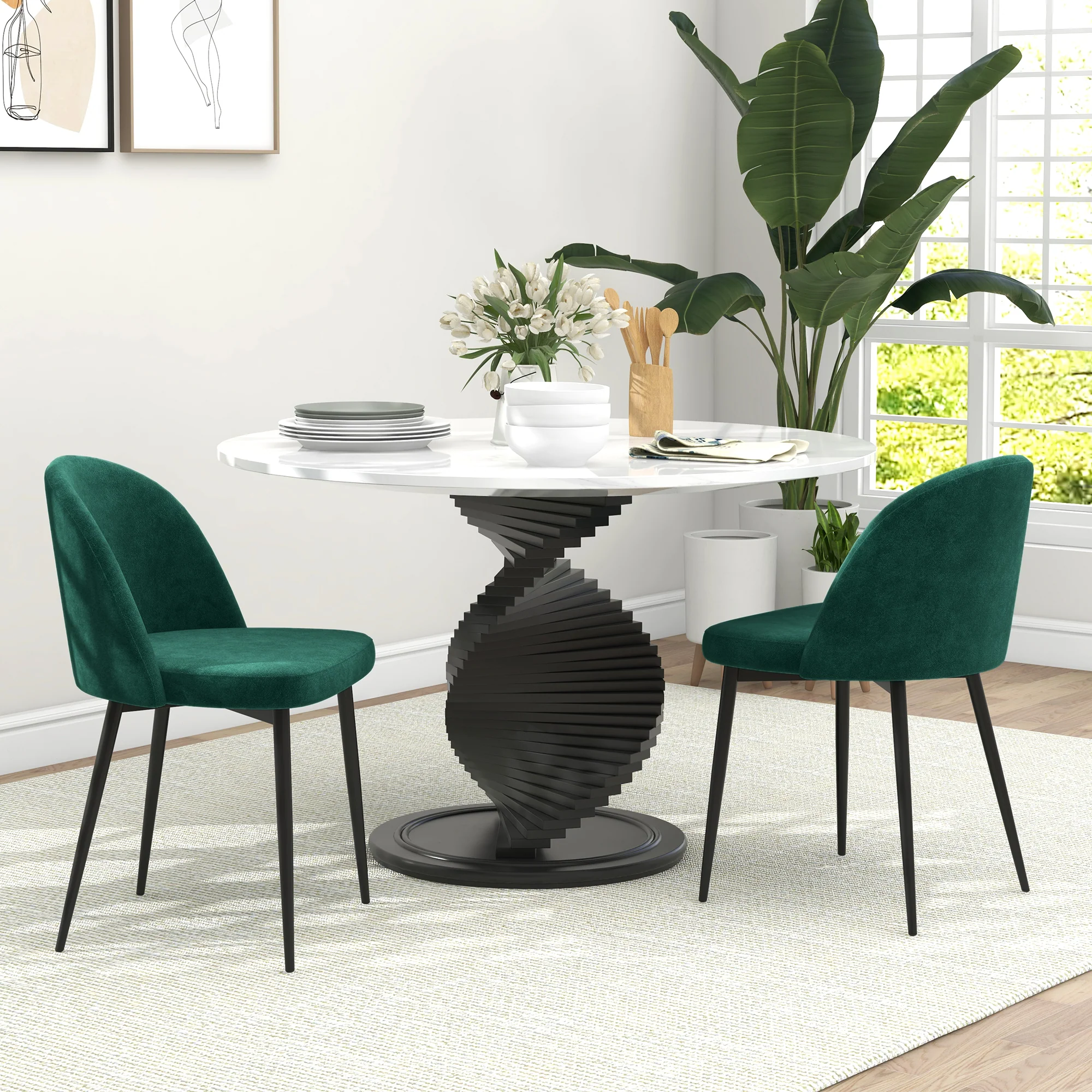 Set of 2 Mid-Back Velvet Dining Chairs for Dining Room, Green - Image 3