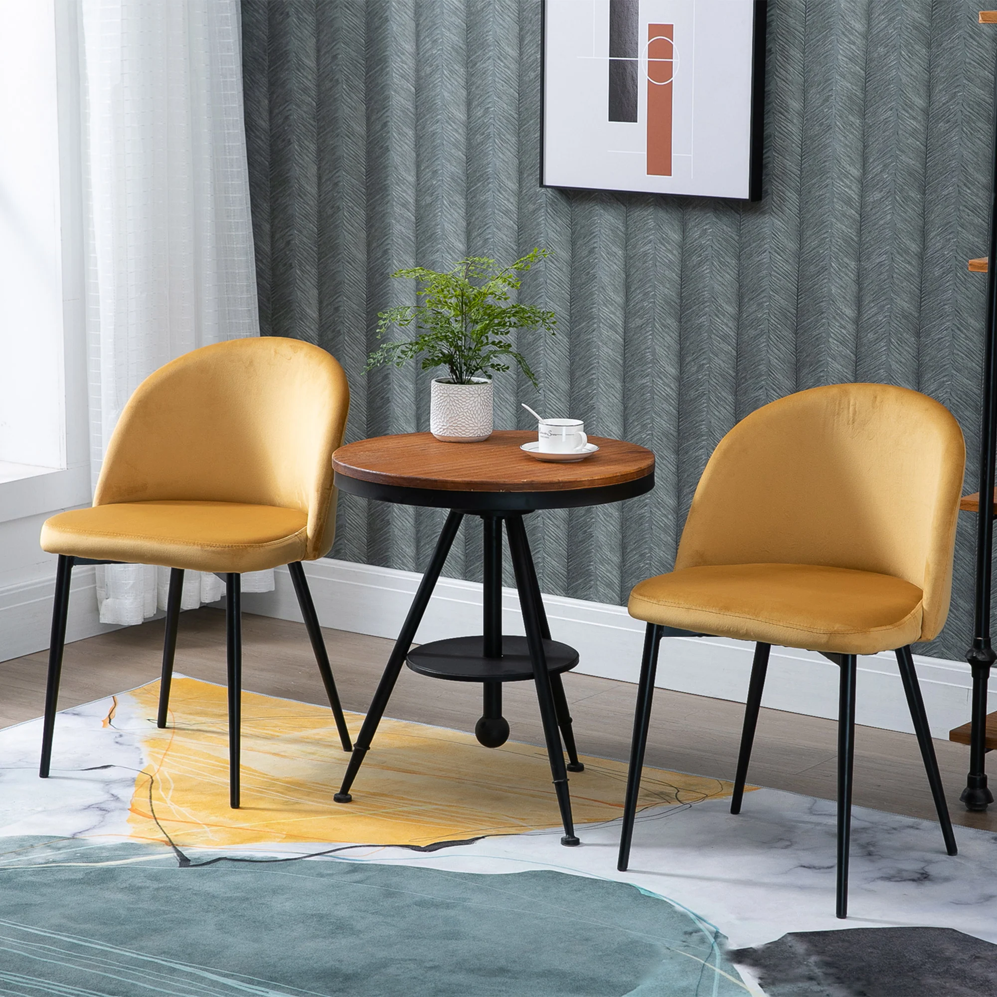 Set of 2 Mid-Back Velvet Dining Chairs for Dining Room, Yellow - Image 4