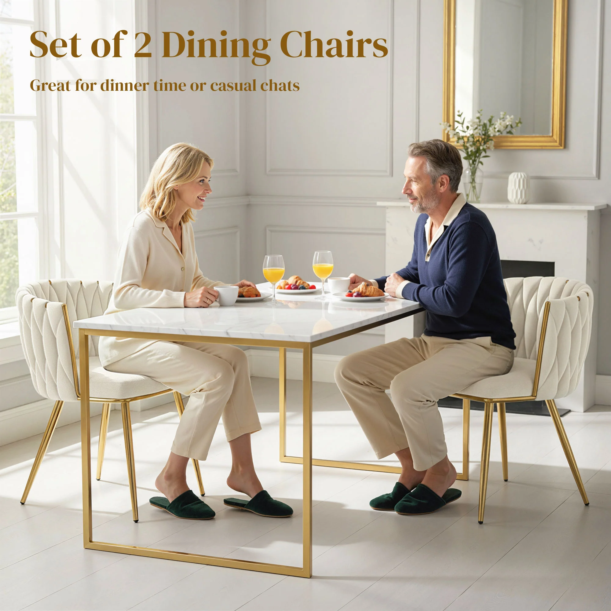 Modern Dining Chairs Set of 2, Velvet-Feel Upholstered Kitchen Chairs with Woven Backrest and Armrests, Metal Legs and Padded Seat for Dining Room, Living Room, Cream White - Image 6