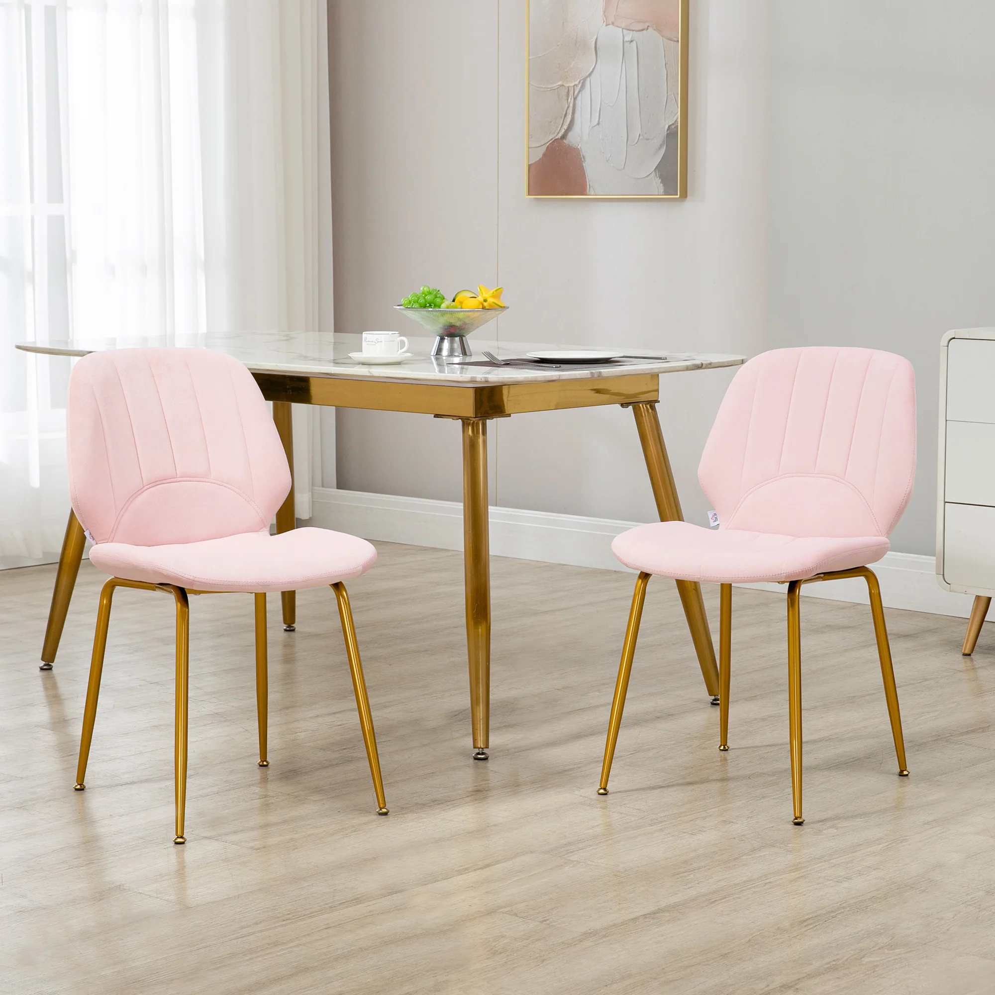 Modern Velvet Dining Chairs Set of 2 with Backrest, Padded Seat and Steel Legs, Pink - Image 3