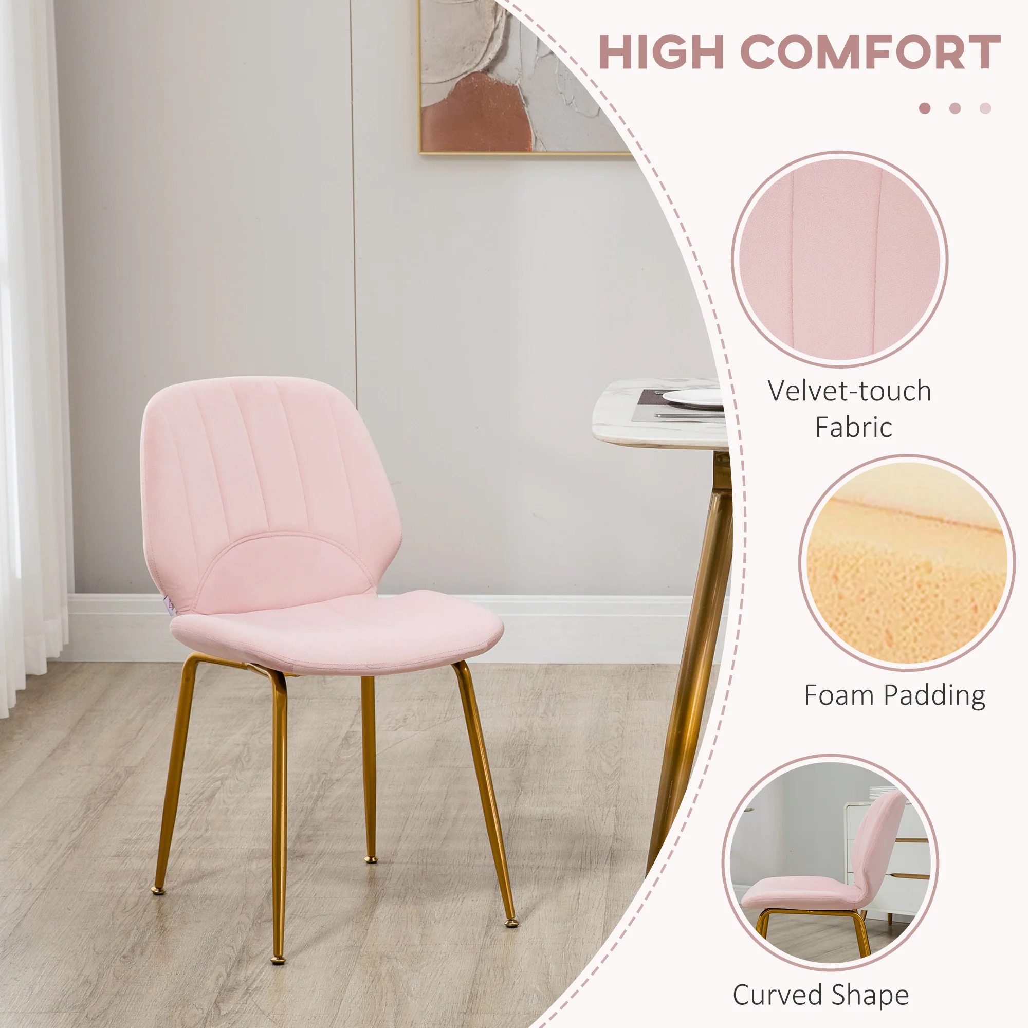 Modern Velvet Dining Chairs Set of 2 with Backrest, Padded Seat and Steel Legs, Pink - Image 7