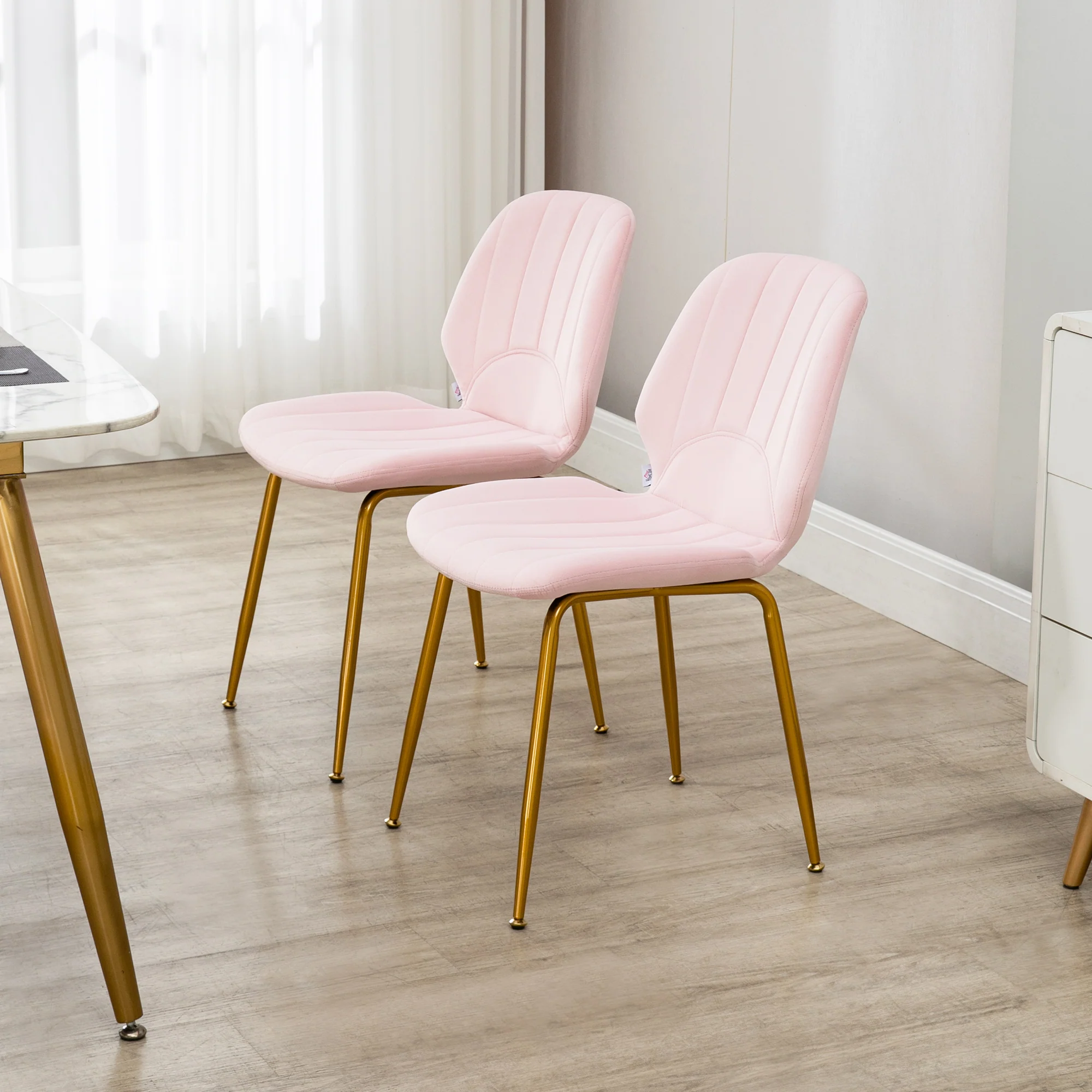 Modern Velvet Dining Chairs Set of 2 with Backrest, Padded Seat and Steel Legs, Pink - Image 9