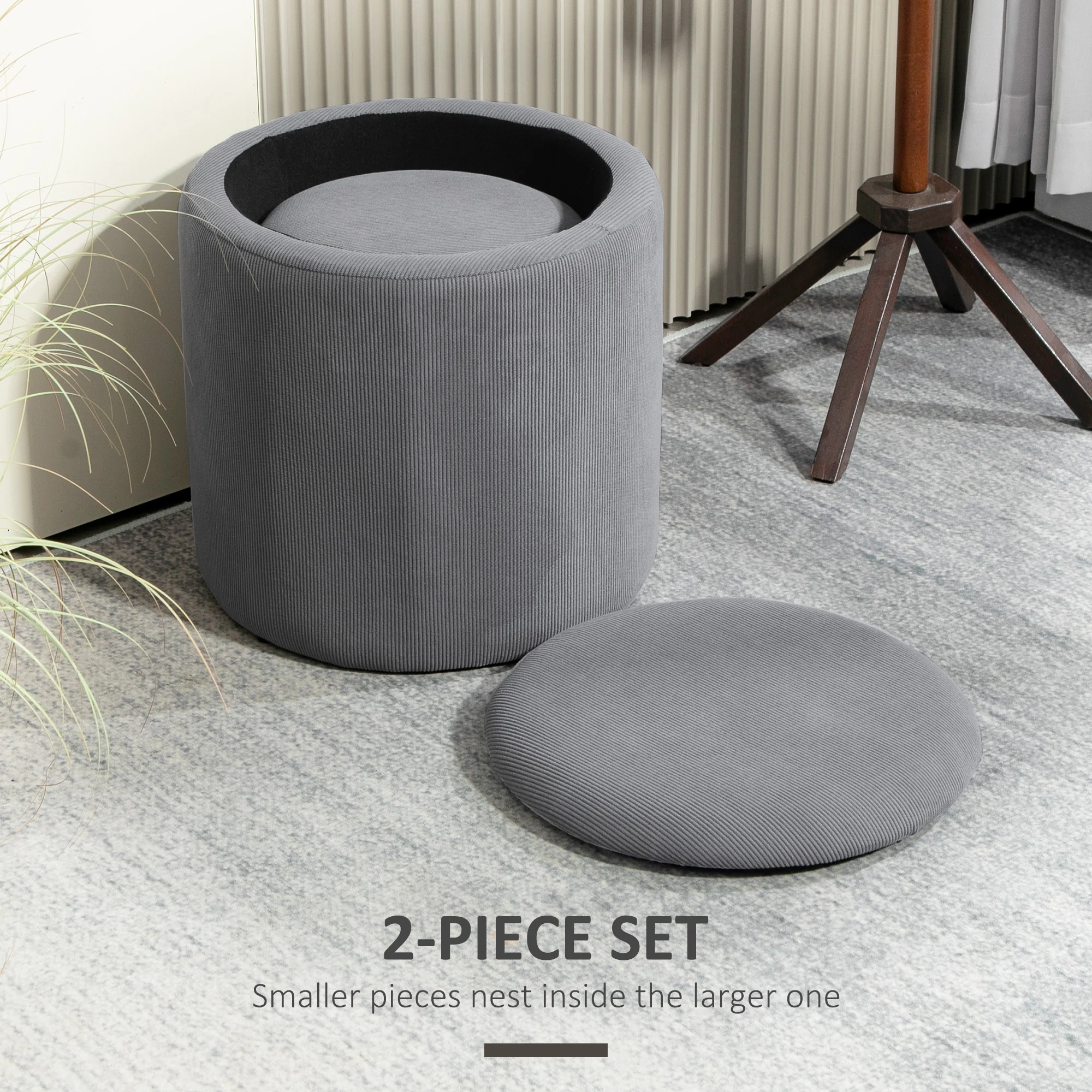 Modern Fabric Storage Ottoman Set of 2 w/ Removable Lid, Dressing Table Stool, Light Grey - Image 6