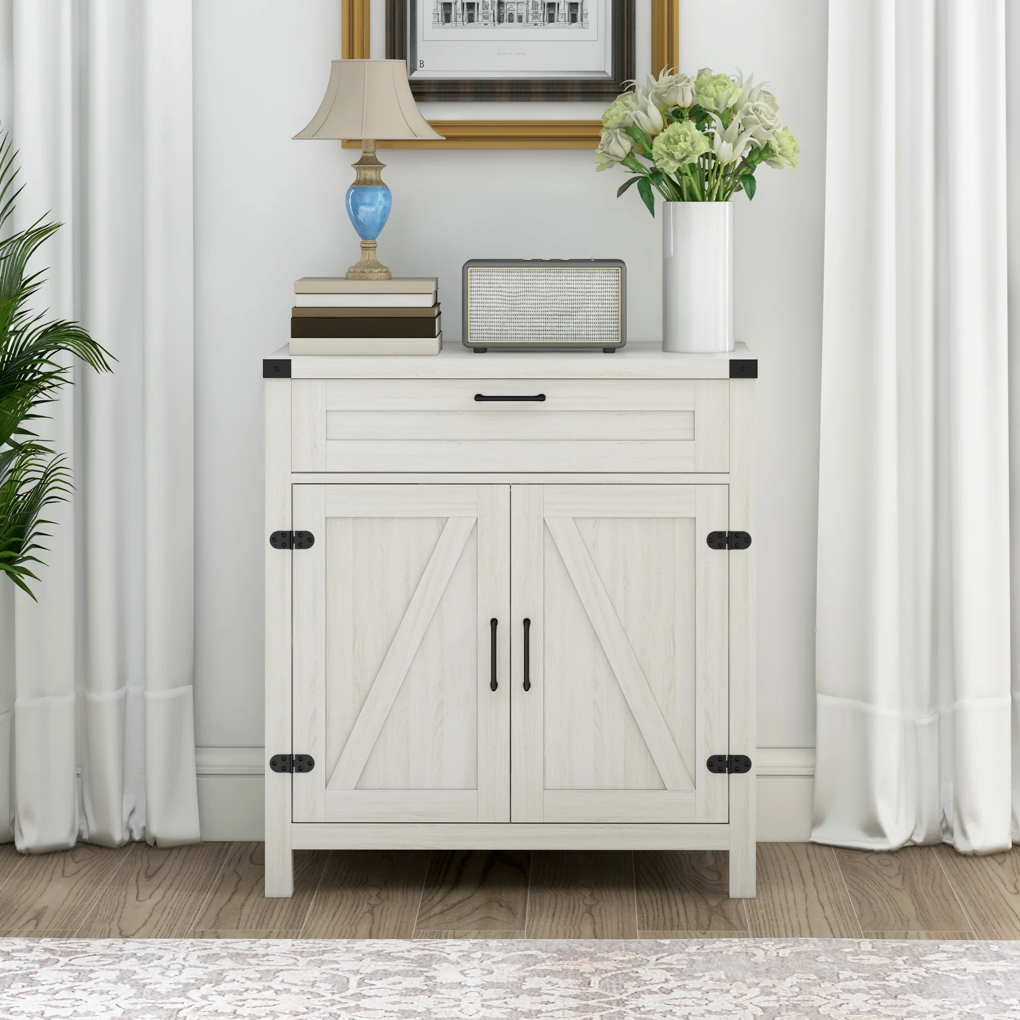 Sideboard with Storage, Buffet Cabinet, 2 Barn Doors & Drawer for Dining Room, White Oak - Image 4