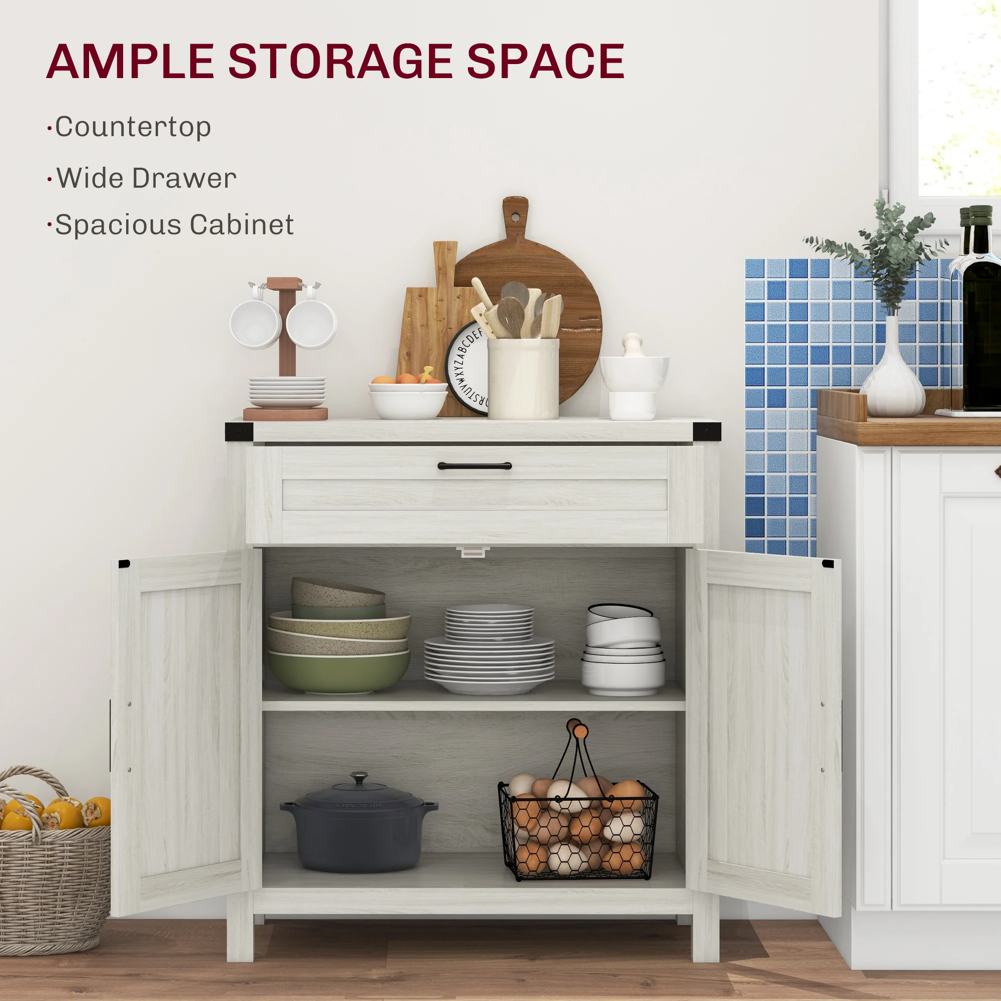 Sideboard with Storage, Buffet Cabinet, 2 Barn Doors & Drawer for Dining Room, White Oak - Image 6